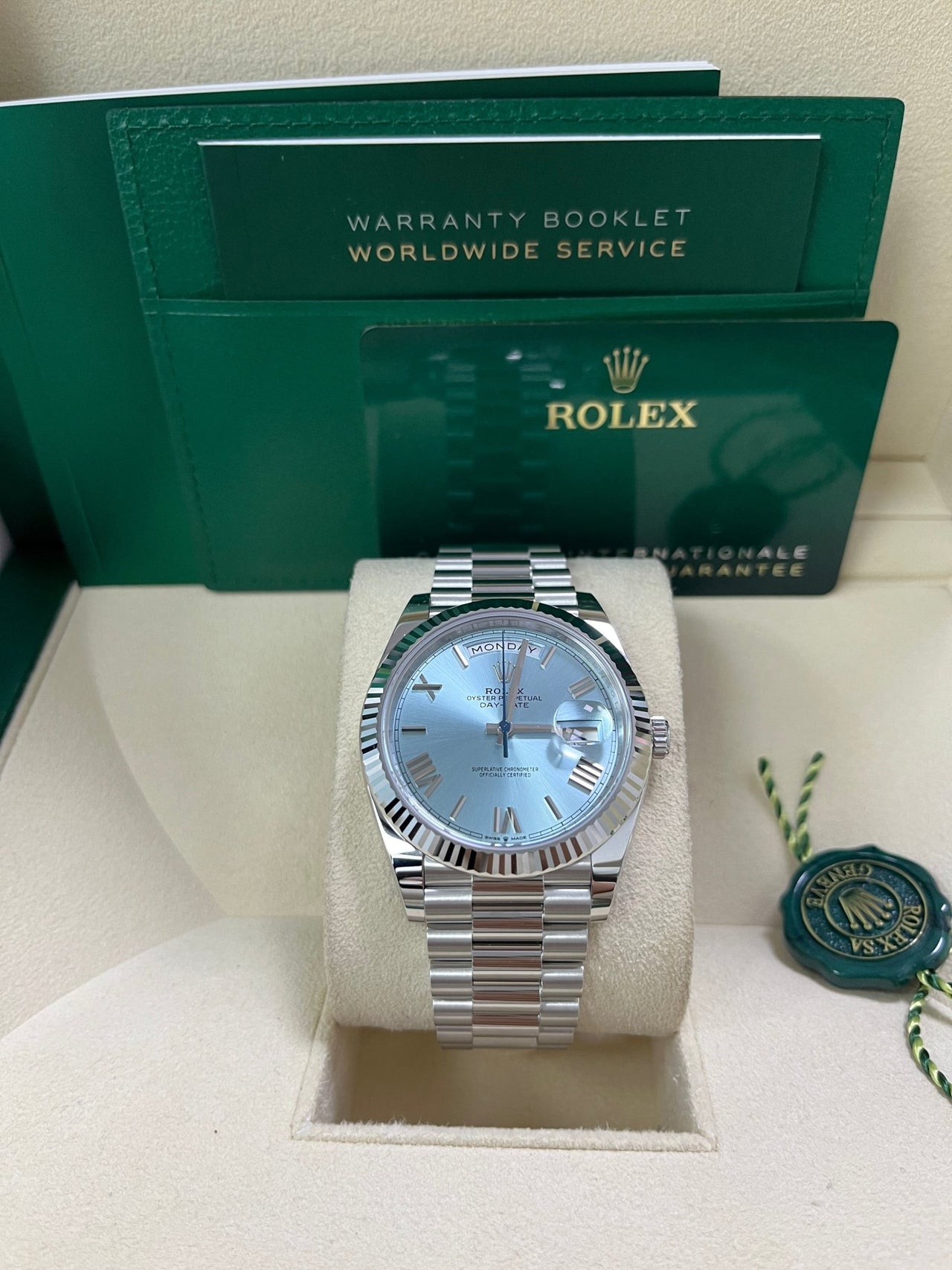 Rolex Day - Date 40 Platinum Day - Date 40 Watch - Fluted Bezel - Ice Blue Roman Dial President Bracelet 228236 - WatchesOff5thWatch