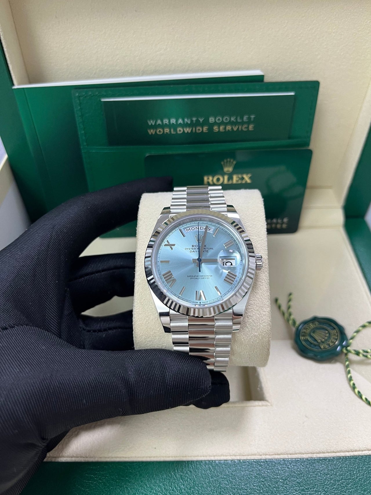 Rolex Day - Date 40 Platinum Day - Date 40 Watch - Fluted Bezel - Ice Blue Roman Dial President Bracelet 228236 - WatchesOff5thWatch