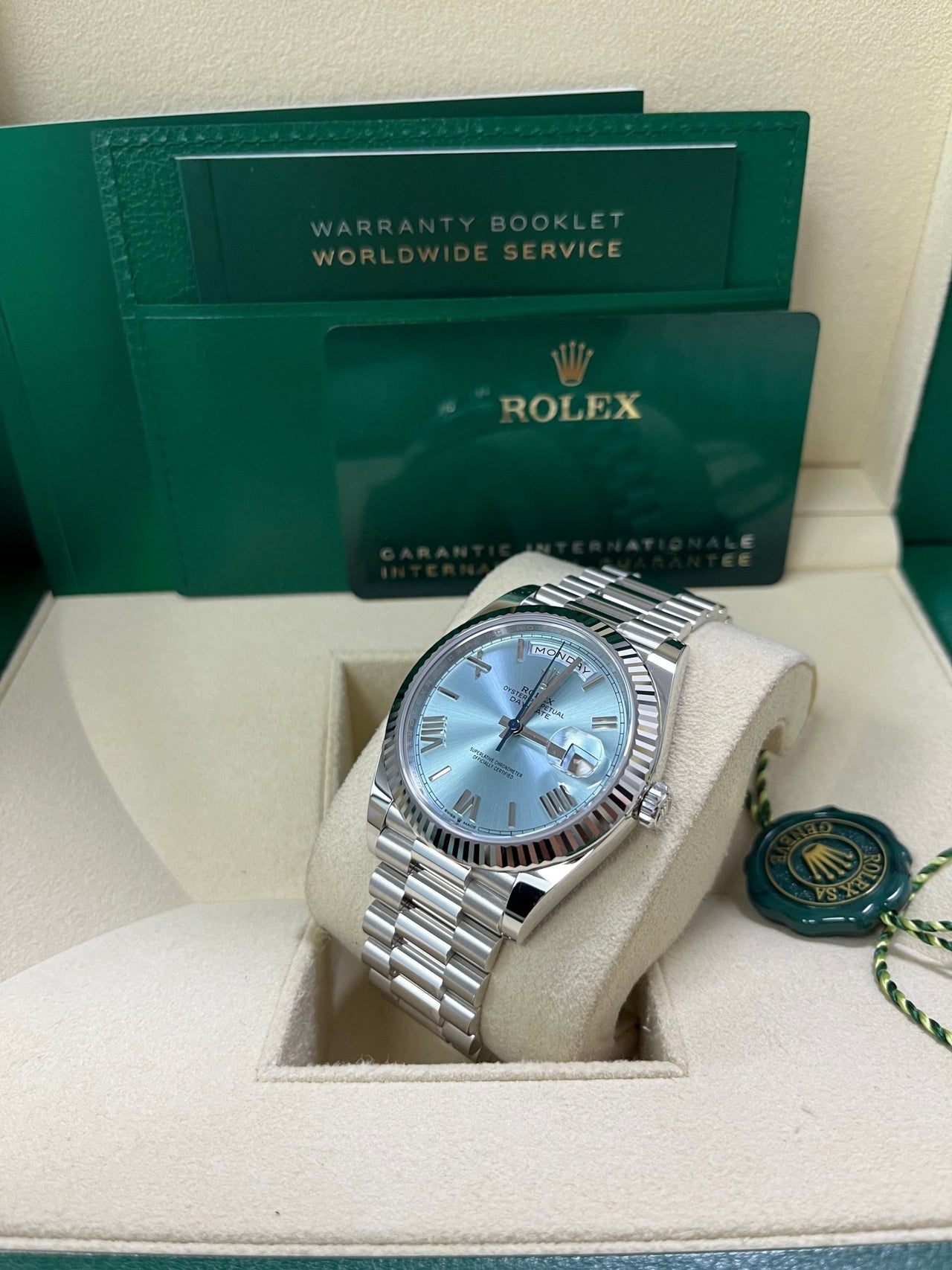 Rolex Day - Date 40 Platinum Day - Date 40 Watch - Fluted Bezel - Ice Blue Roman Dial President Bracelet 228236 - WatchesOff5thWatch