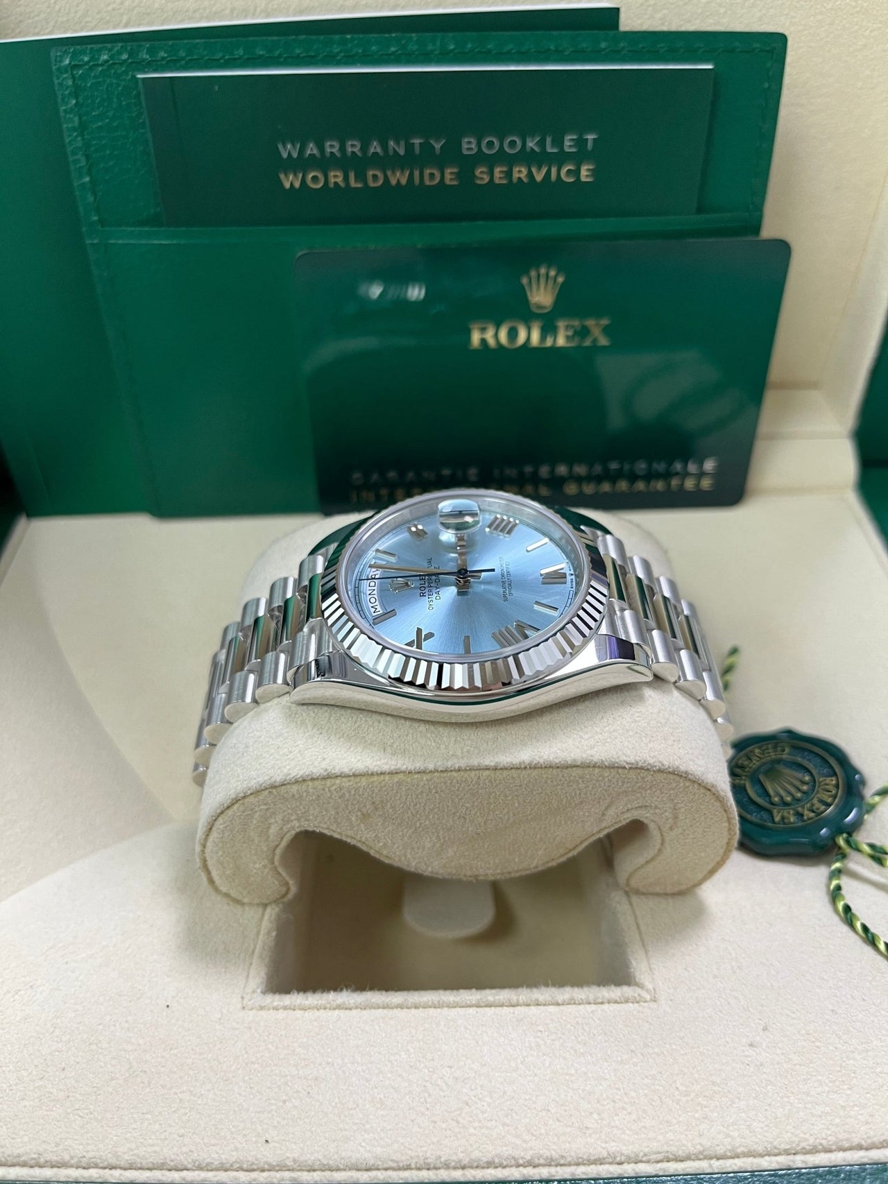 Rolex Day - Date 40 Platinum Day - Date 40 Watch - Fluted Bezel - Ice Blue Roman Dial President Bracelet 228236 - WatchesOff5thWatch