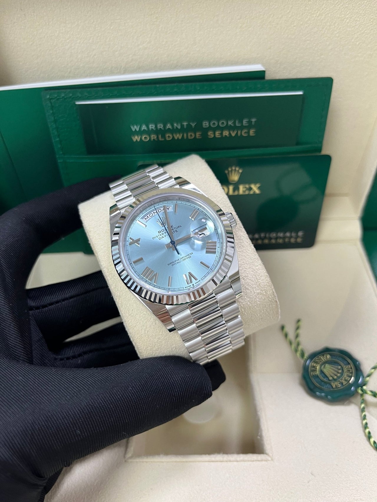 Rolex Day - Date 40 Platinum Day - Date 40 Watch - Fluted Bezel - Ice Blue Roman Dial President Bracelet 228236 - WatchesOff5thWatch