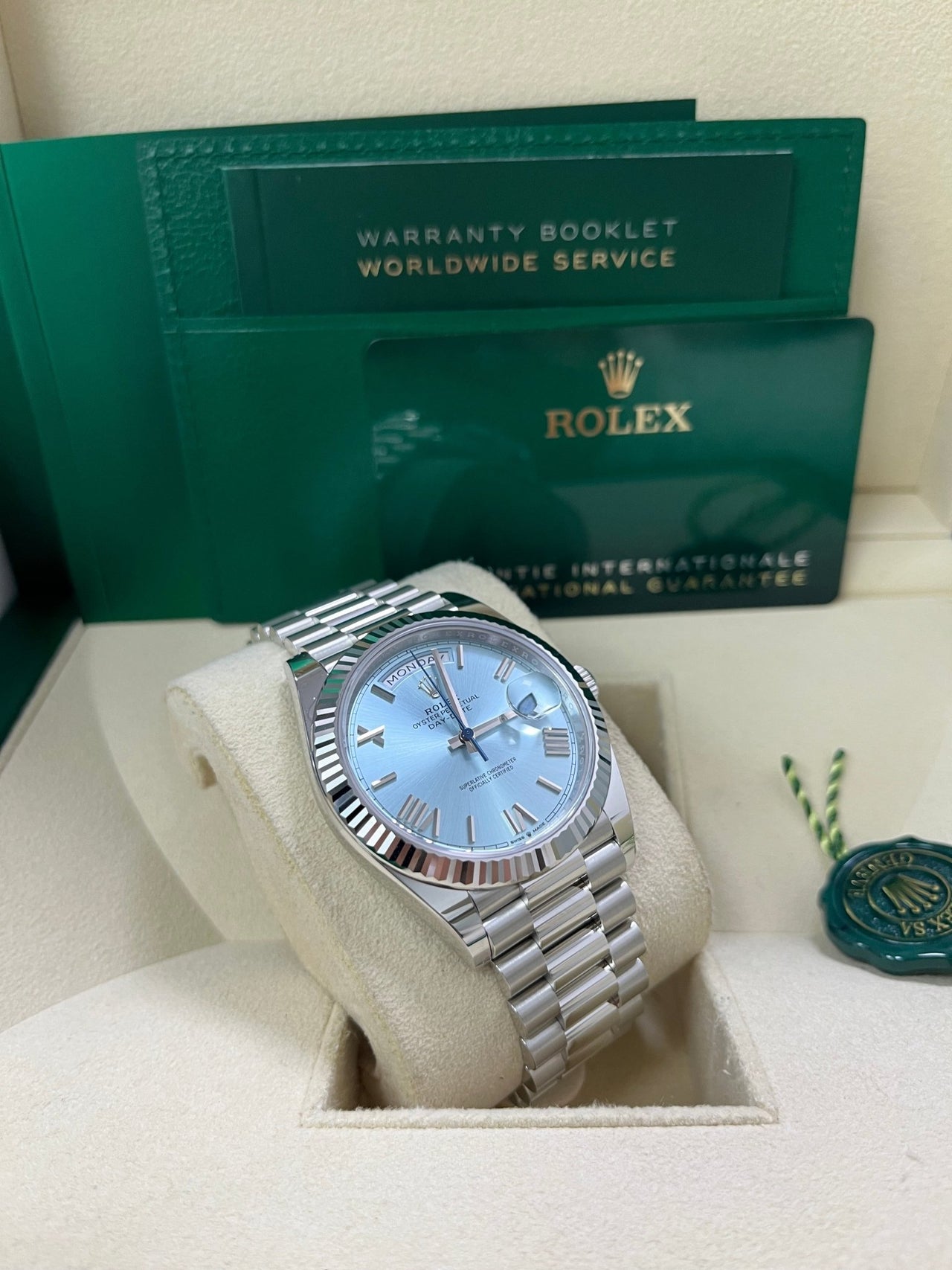 Rolex Day - Date 40 Platinum Day - Date 40 Watch - Fluted Bezel - Ice Blue Roman Dial President Bracelet 228236 - WatchesOff5thWatch