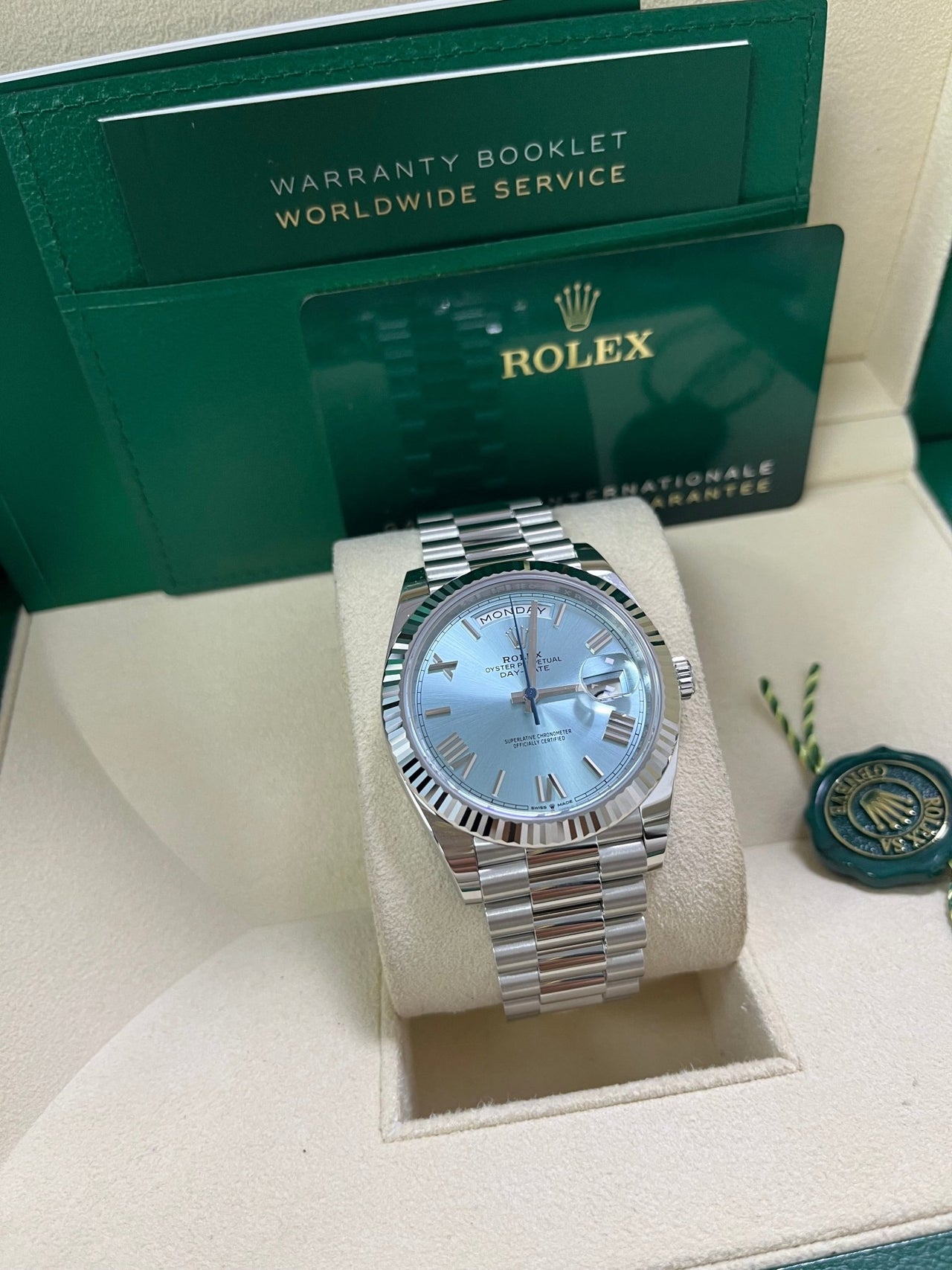 Rolex Day - Date 40 Platinum Day - Date 40 Watch - Fluted Bezel - Ice Blue Roman Dial President Bracelet 228236 - WatchesOff5thWatch