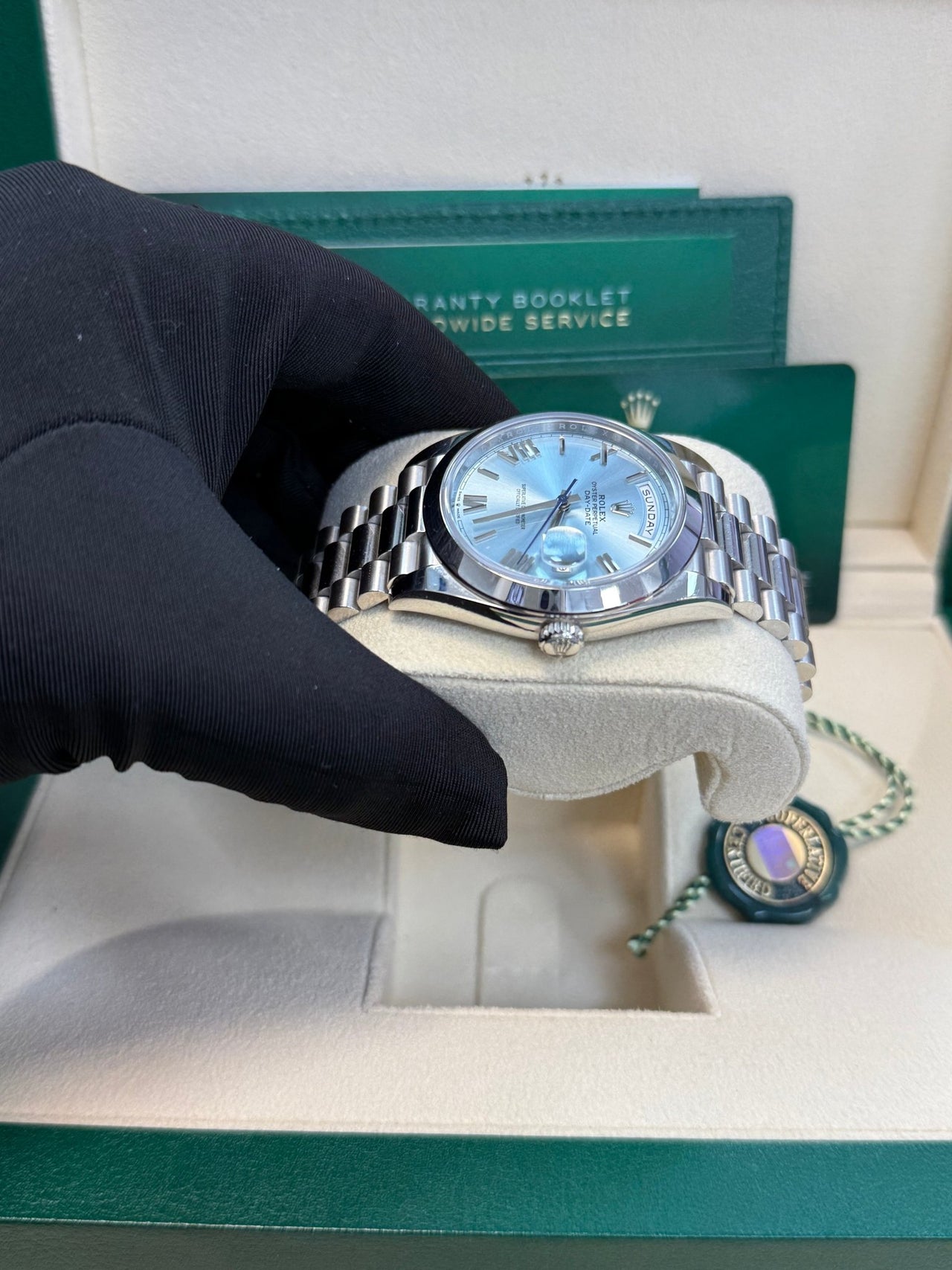 Rolex Day - Date 40 Platinum/ Ice - blue dial /President bracelet (Ref # 228206) - WatchesOff5thWatch