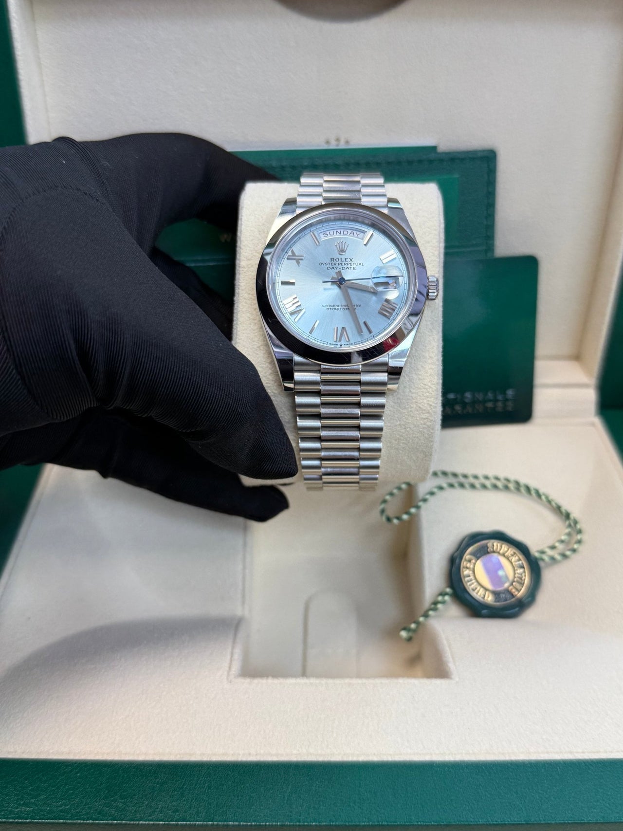 Rolex Day - Date 40 Platinum/ Ice - blue dial /President bracelet (Ref # 228206) - WatchesOff5thWatch