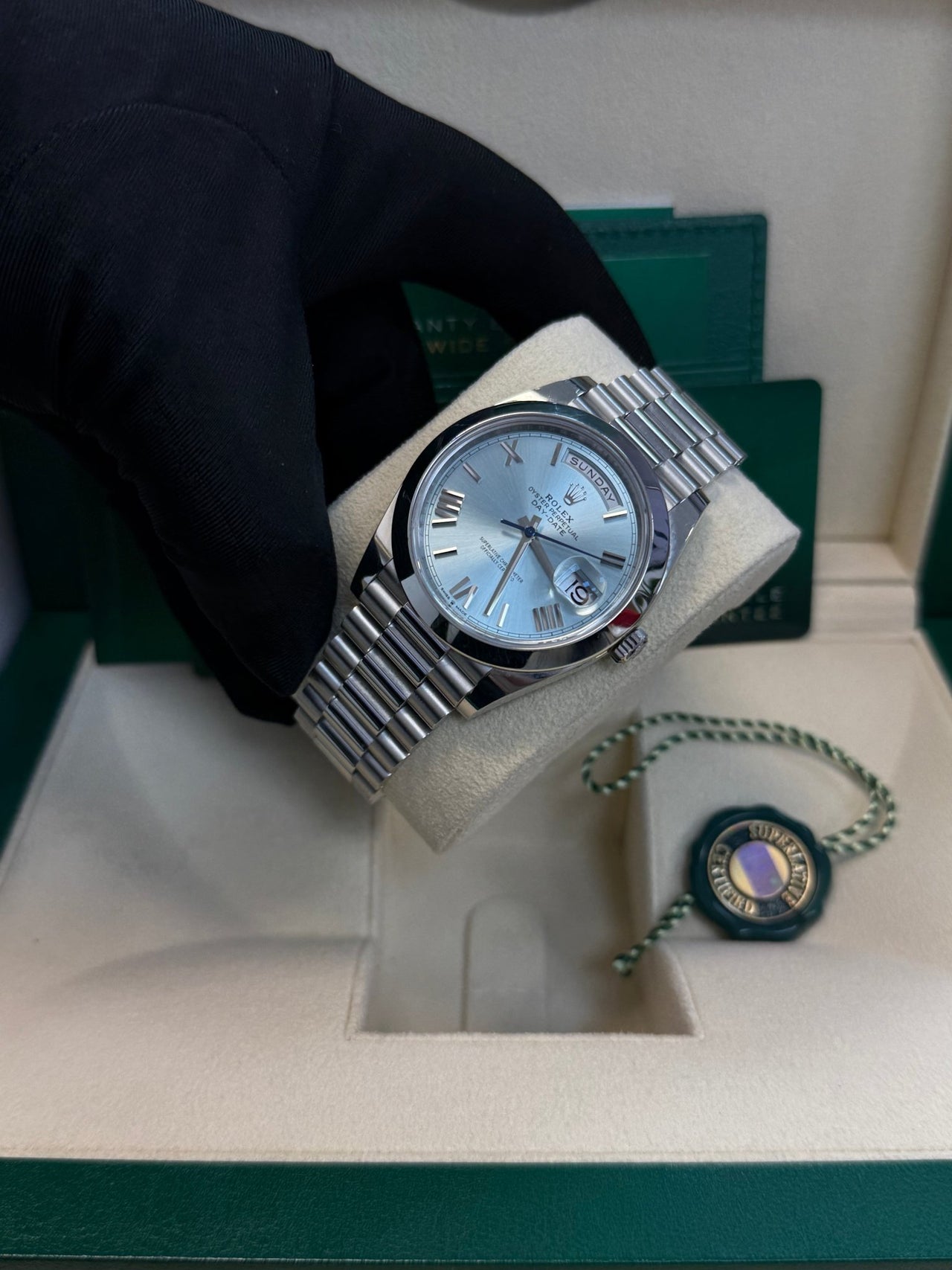 Rolex Day - Date 40 Platinum/ Ice - blue dial /President bracelet (Ref # 228206) - WatchesOff5thWatch