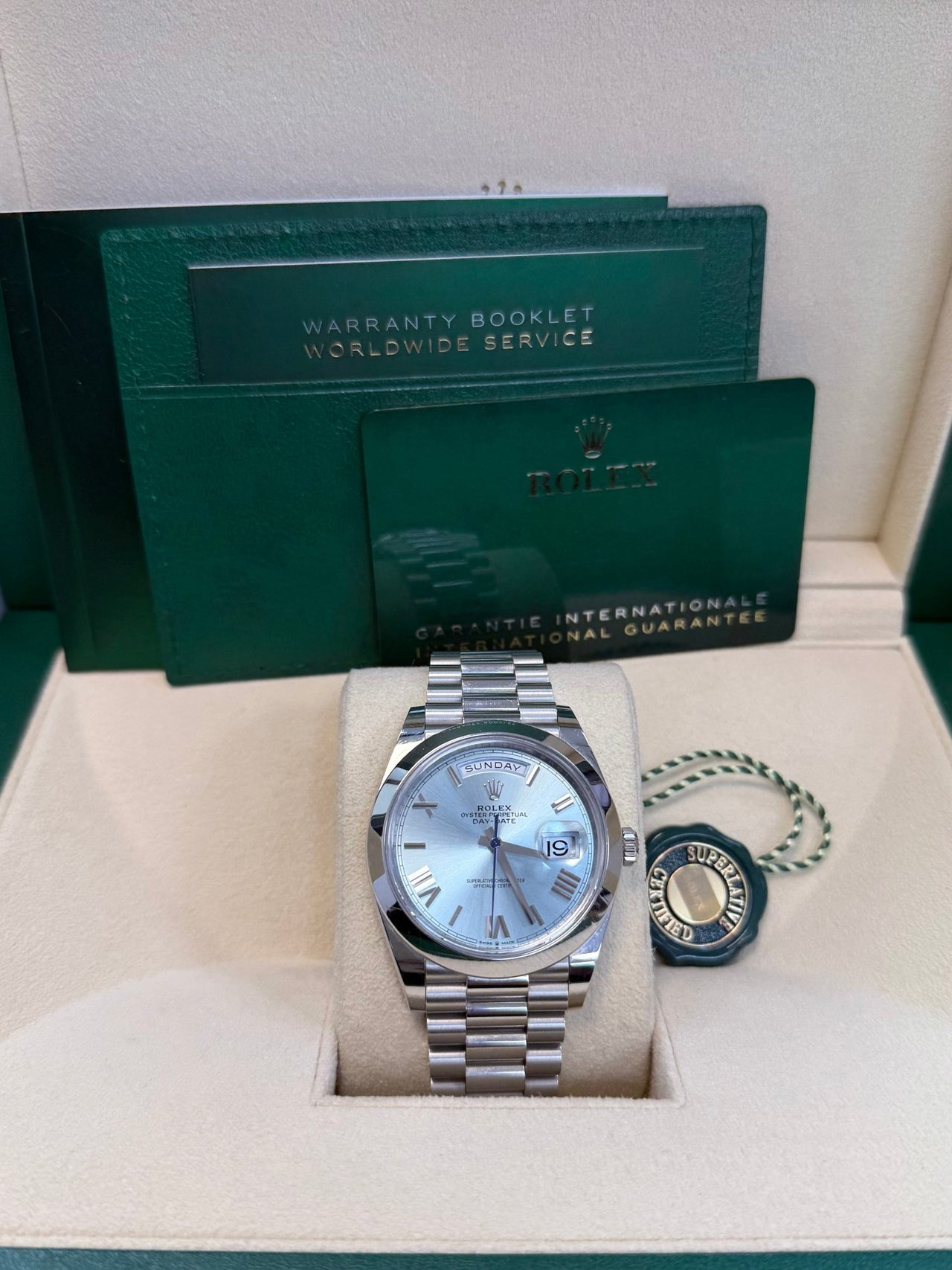 Rolex Day - Date 40 Platinum/ Ice - blue dial /President bracelet (Ref # 228206) - WatchesOff5thWatch