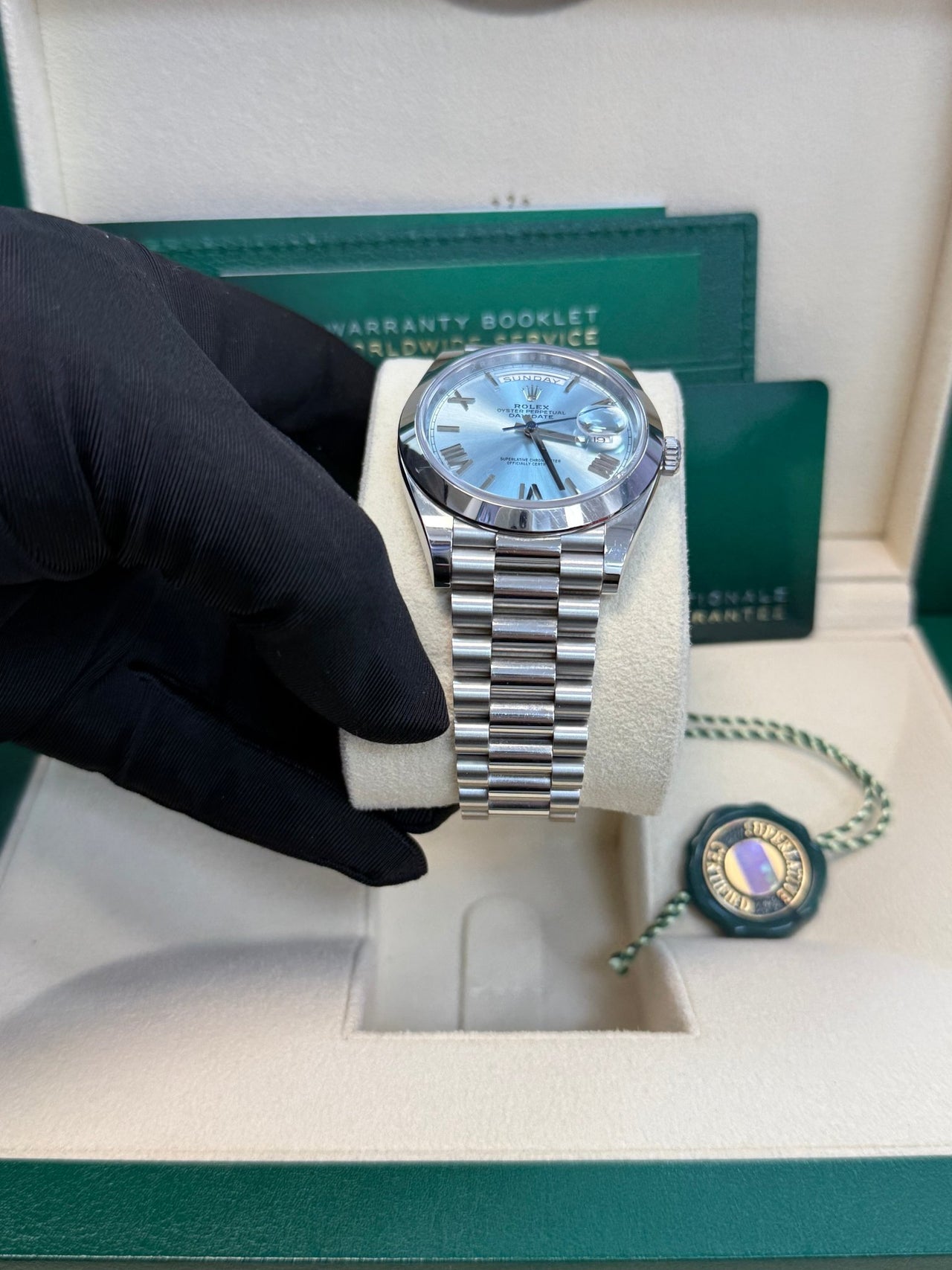 Rolex Day - Date 40 Platinum/ Ice - blue dial /President bracelet (Ref # 228206) - WatchesOff5thWatch