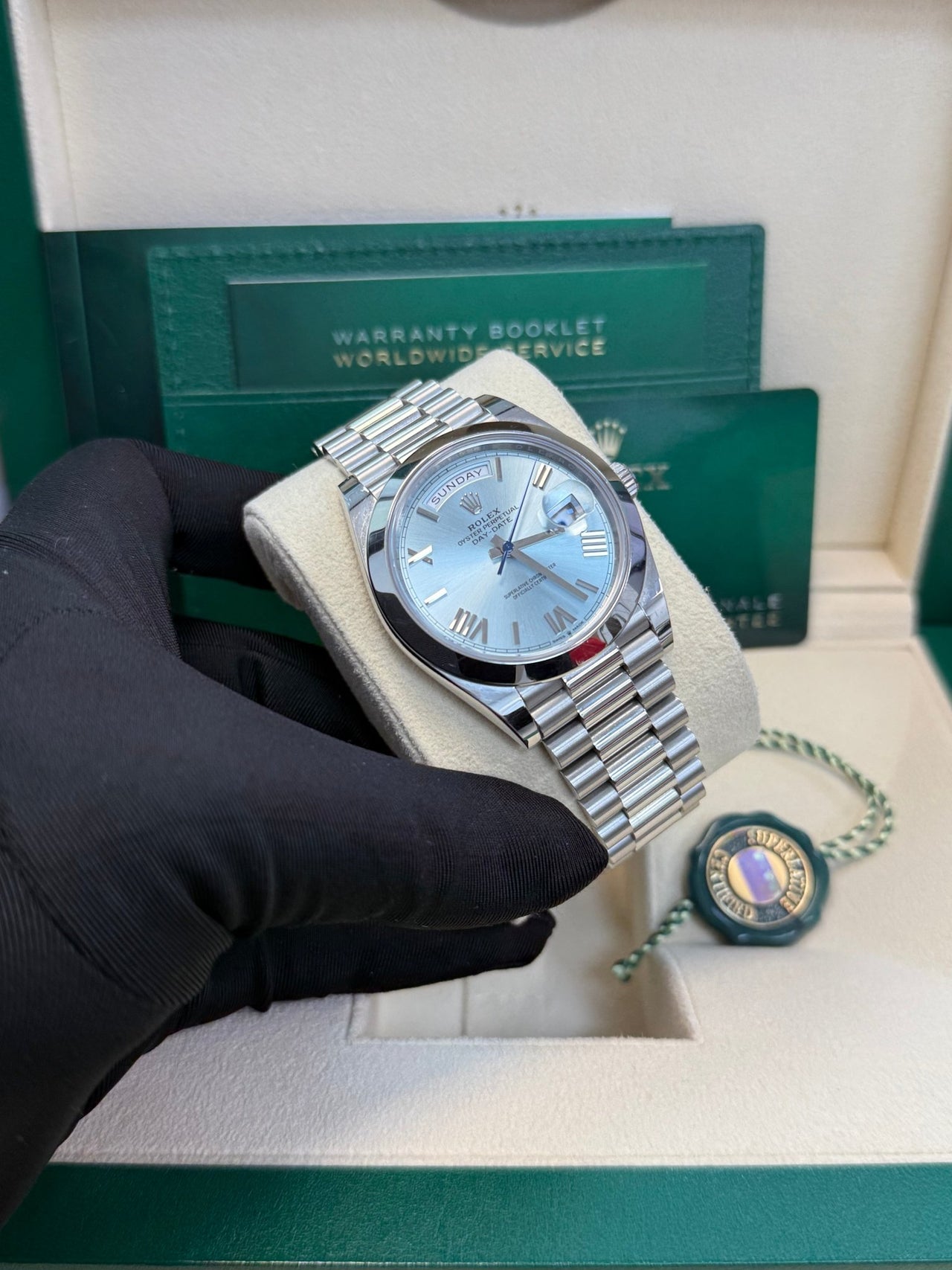 Rolex Day - Date 40 Platinum/ Ice - blue dial /President bracelet (Ref # 228206) - WatchesOff5thWatch