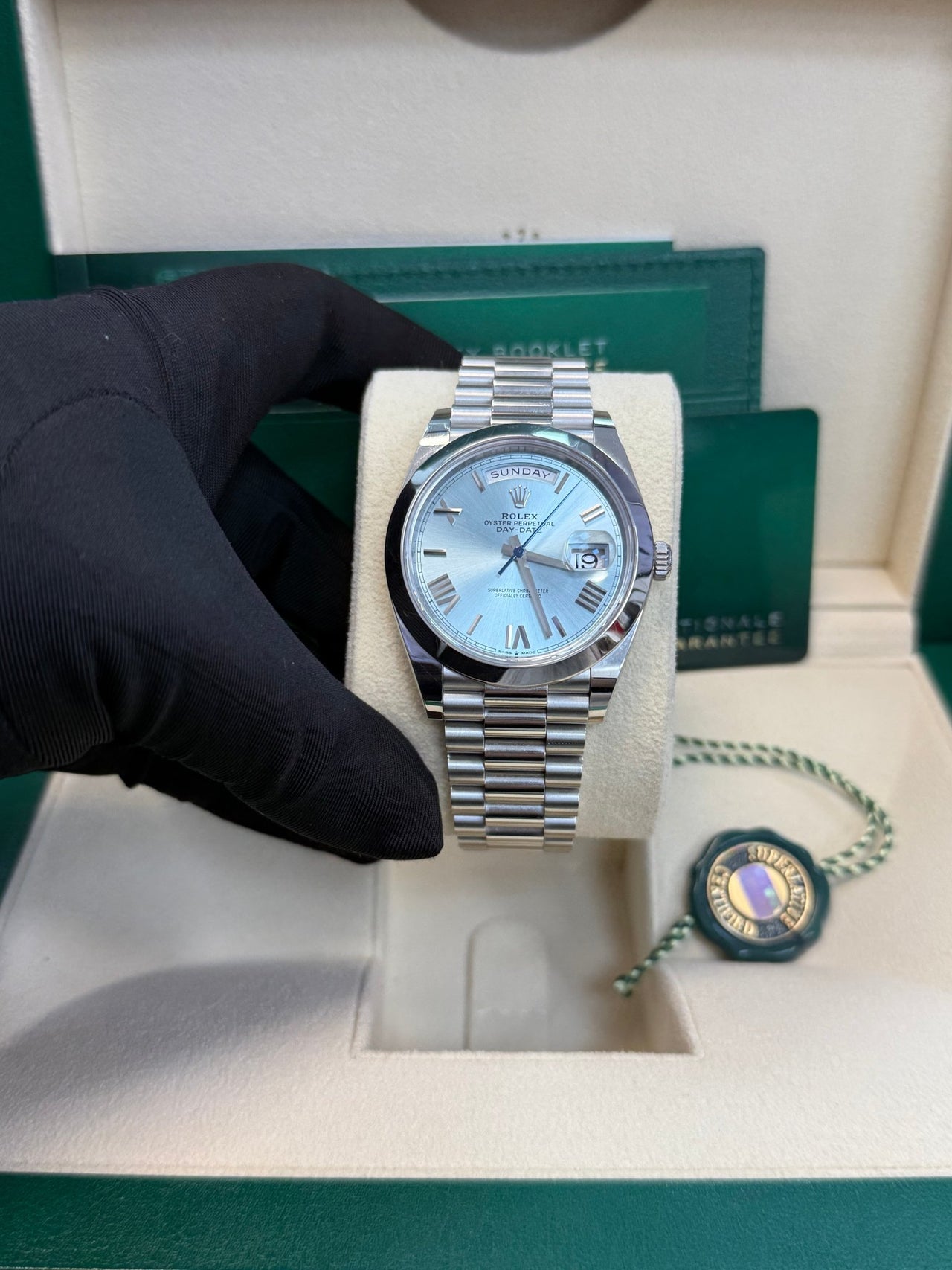 Rolex Day - Date 40 Platinum/ Ice - blue dial /President bracelet (Ref # 228206) - WatchesOff5thWatch