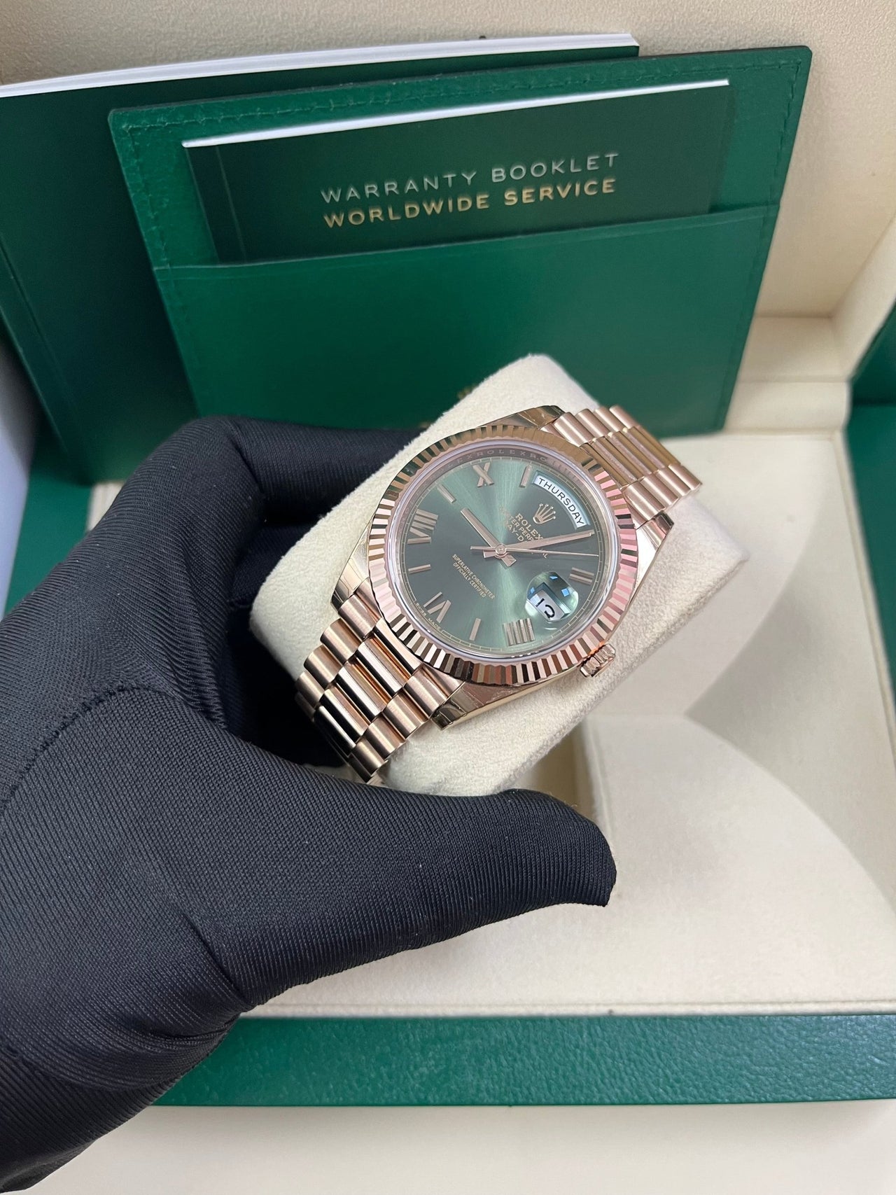 Rolex Day - Date 40 Rose Gold Green Roman Dial - Fluted Bezel (Ref#228235) - WatchesOff5thWatch