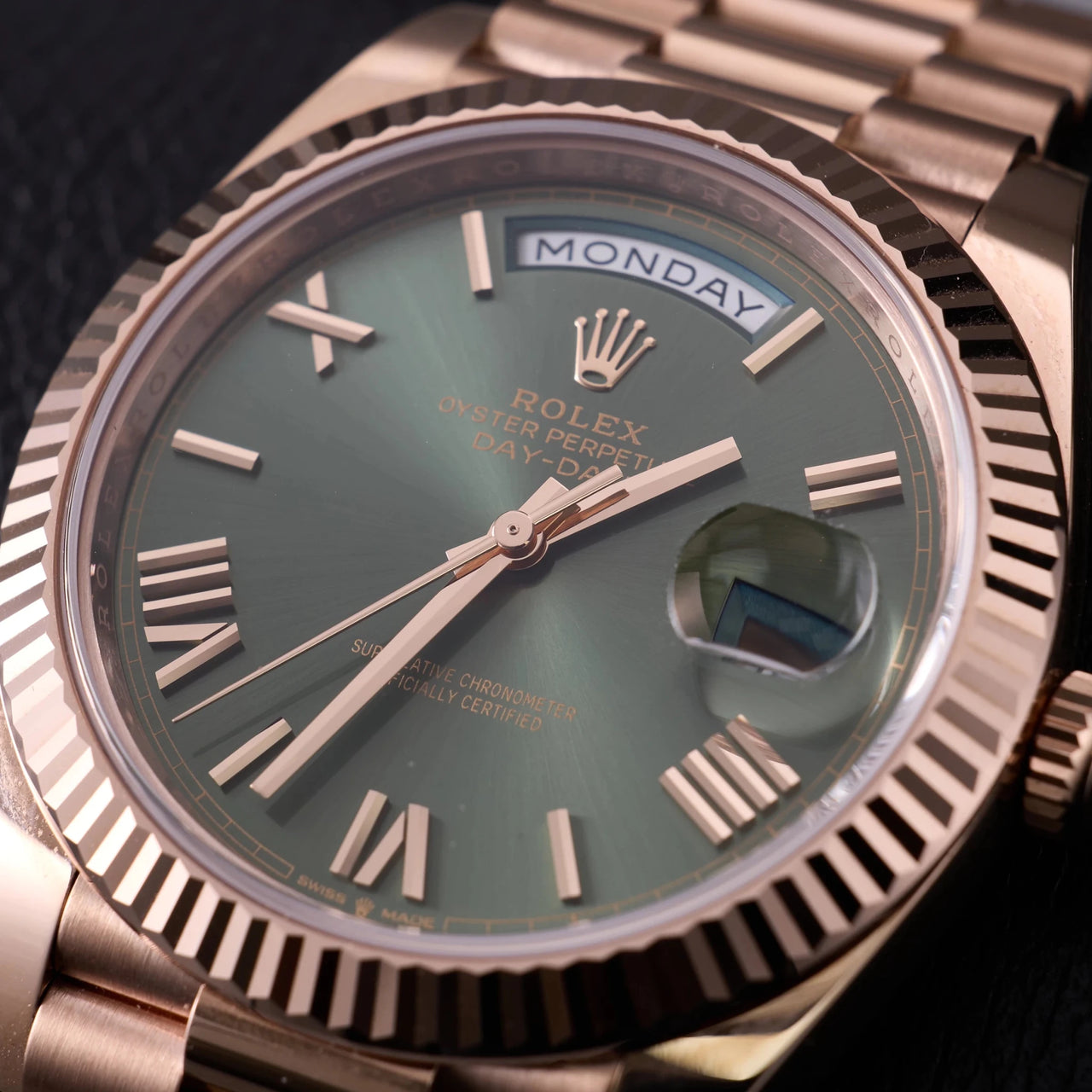Rolex Day-Date 40 Rose Gold Green Roman Dial - Fluted Bezel (Ref#228235) - WatchesOff5thWatch