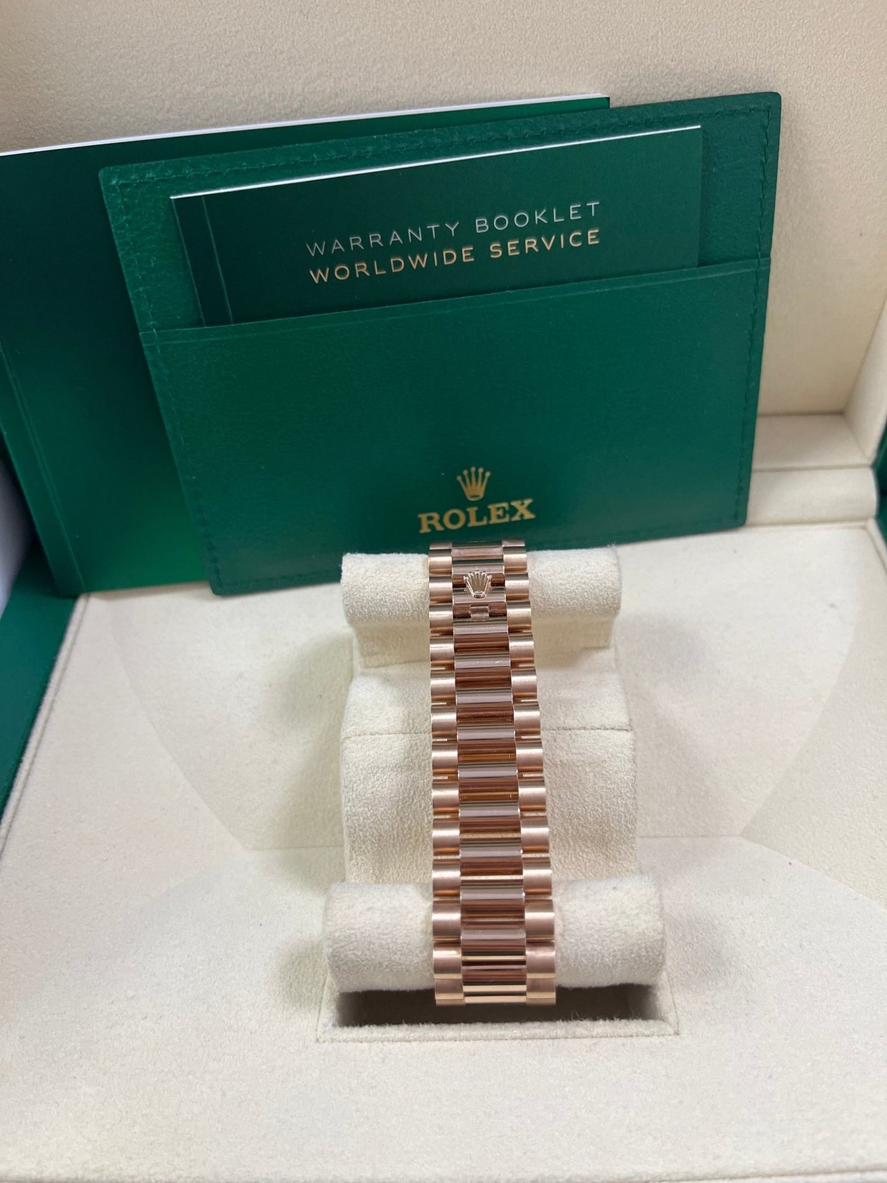 Rolex Day - Date 40 Rose Gold Green Roman Dial - Fluted Bezel (Ref#228235) - WatchesOff5thWatch