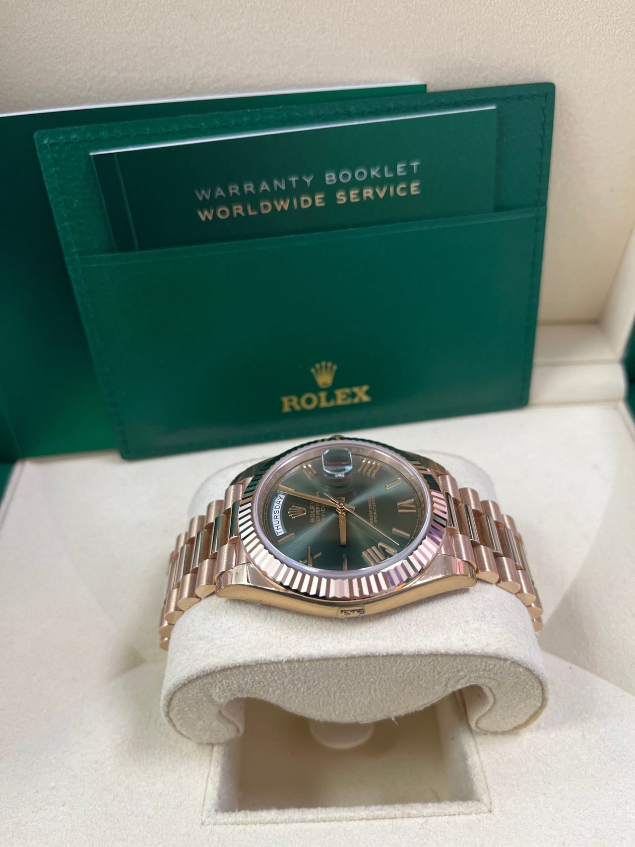 Rolex Day - Date 40 Rose Gold Green Roman Dial - Fluted Bezel (Ref#228235) - WatchesOff5thWatch