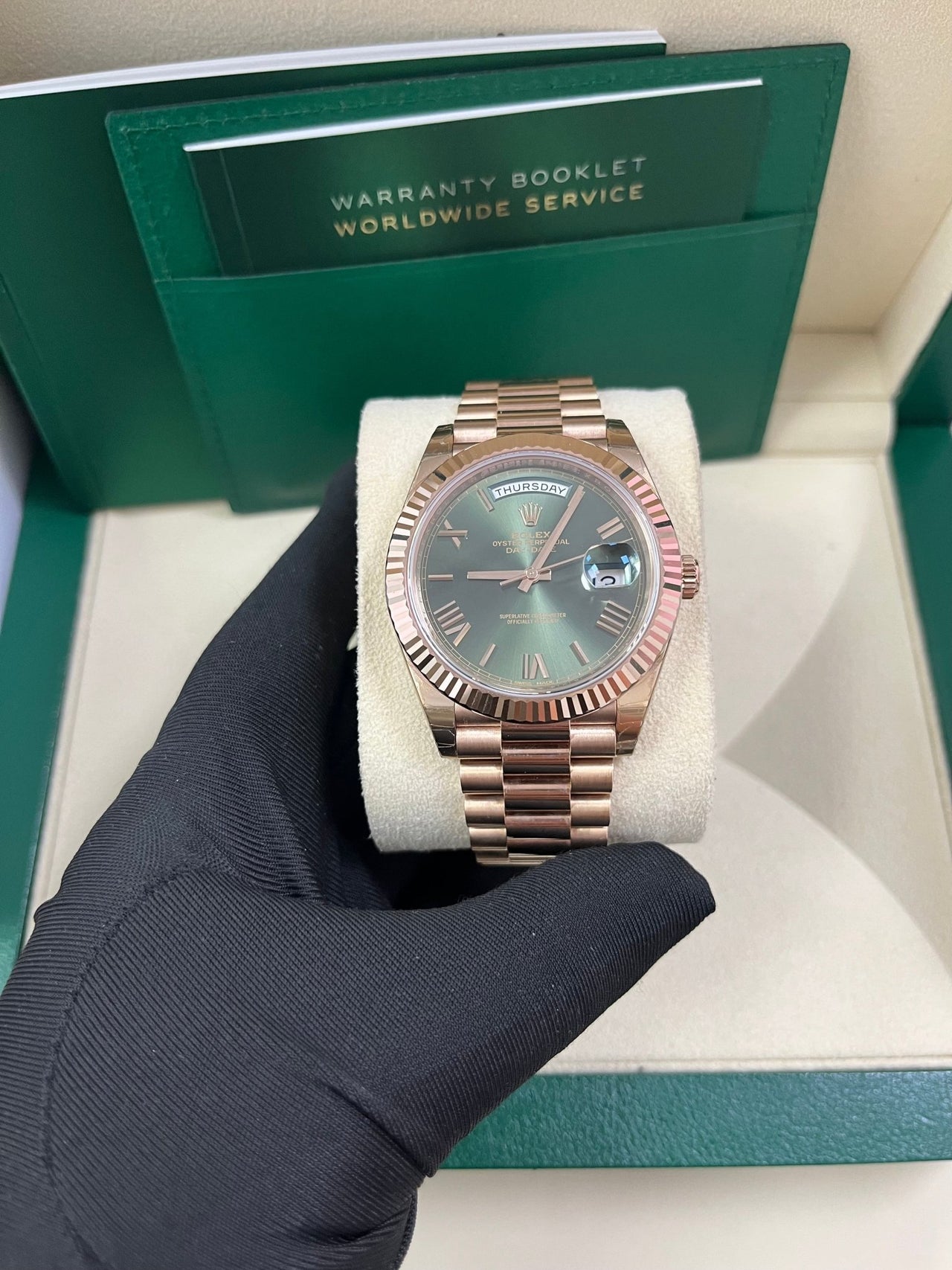 Rolex Day - Date 40 Rose Gold Green Roman Dial - Fluted Bezel (Ref#228235) - WatchesOff5thWatch