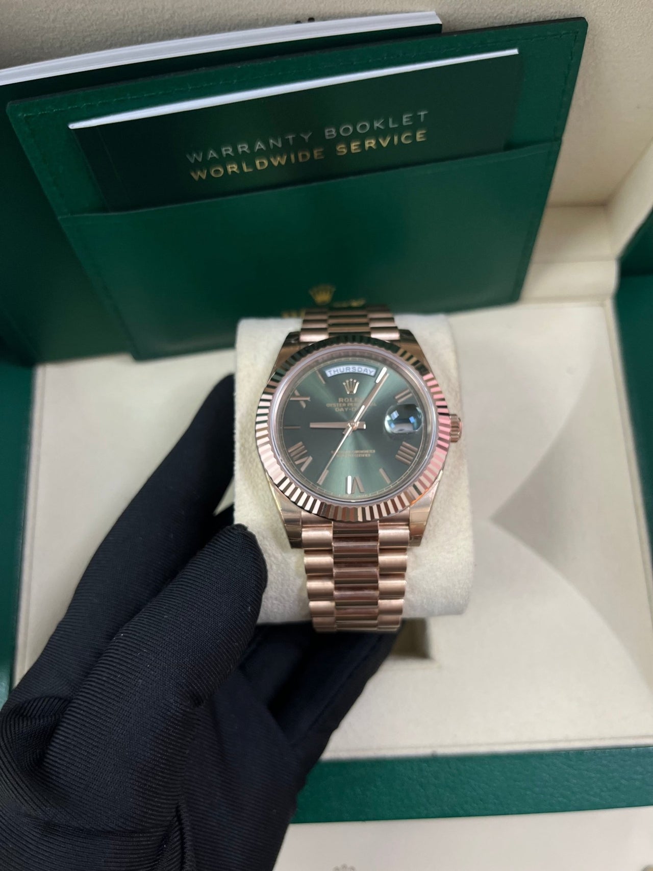 Rolex Day - Date 40 Rose Gold Green Roman Dial - Fluted Bezel (Ref#228235) - WatchesOff5thWatch