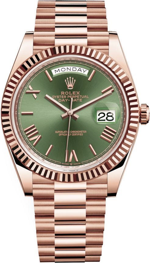 Rolex Day - Date 40 Rose Gold Green Roman Dial - Fluted Bezel (Ref#228235) - WatchesOff5thWatch