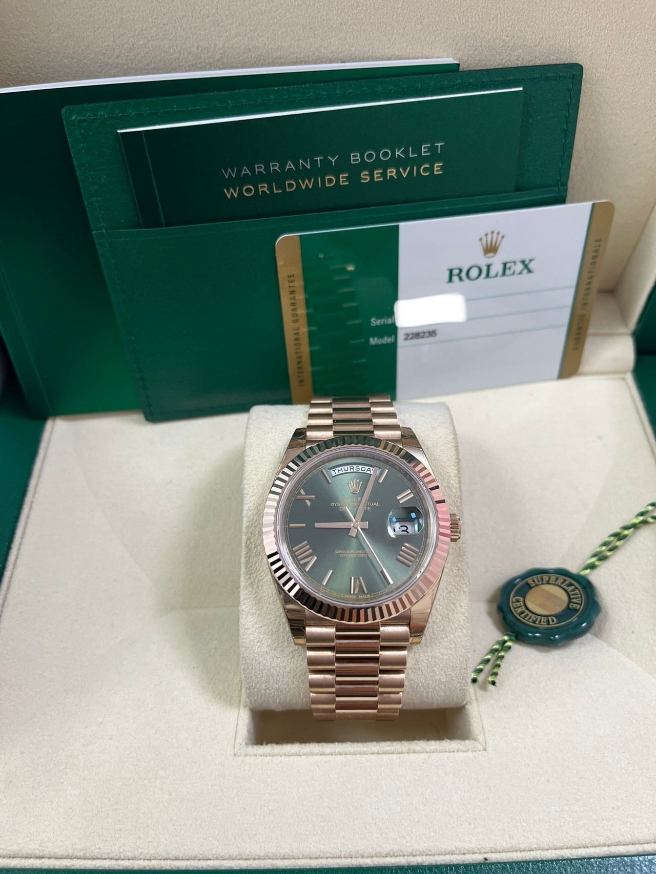 Rolex Day - Date 40 Rose Gold Green Roman Dial - Fluted Bezel (Ref#228235) - WatchesOff5thWatch