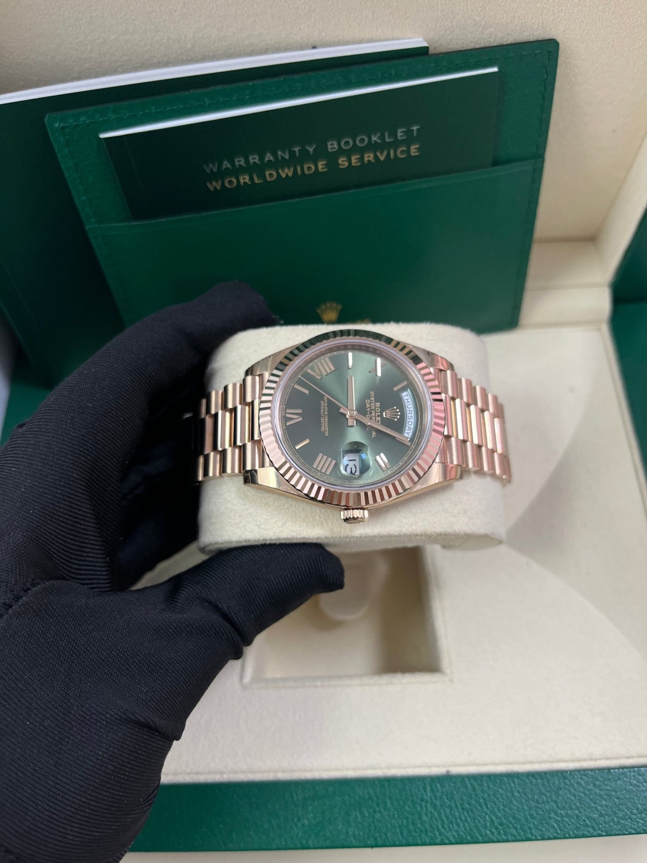 Rolex Day - Date 40 Rose Gold Green Roman Dial - Fluted Bezel (Ref#228235) - WatchesOff5thWatch