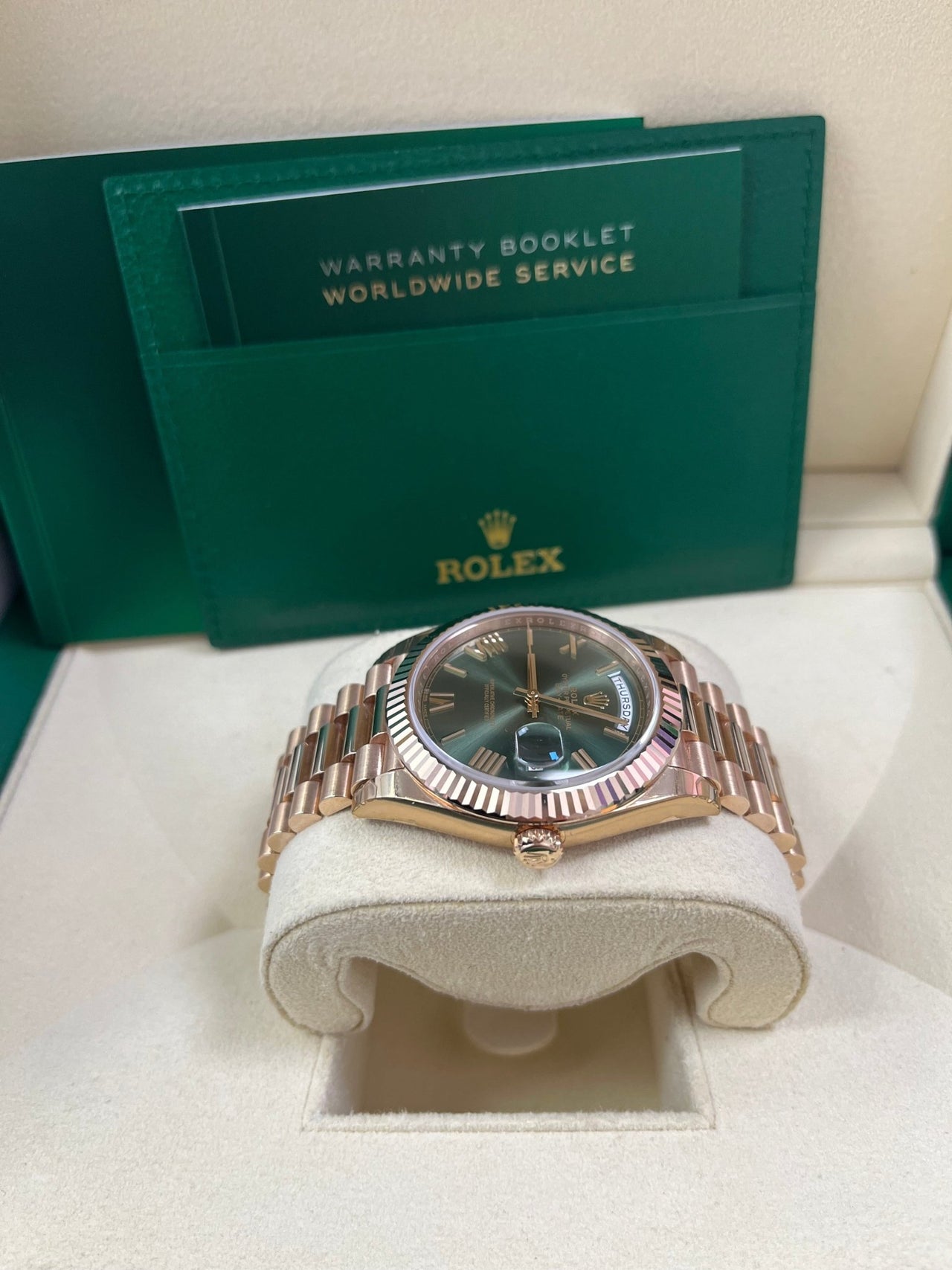 Rolex Day - Date 40 Rose Gold Green Roman Dial - Fluted Bezel (Ref#228235) - WatchesOff5thWatch