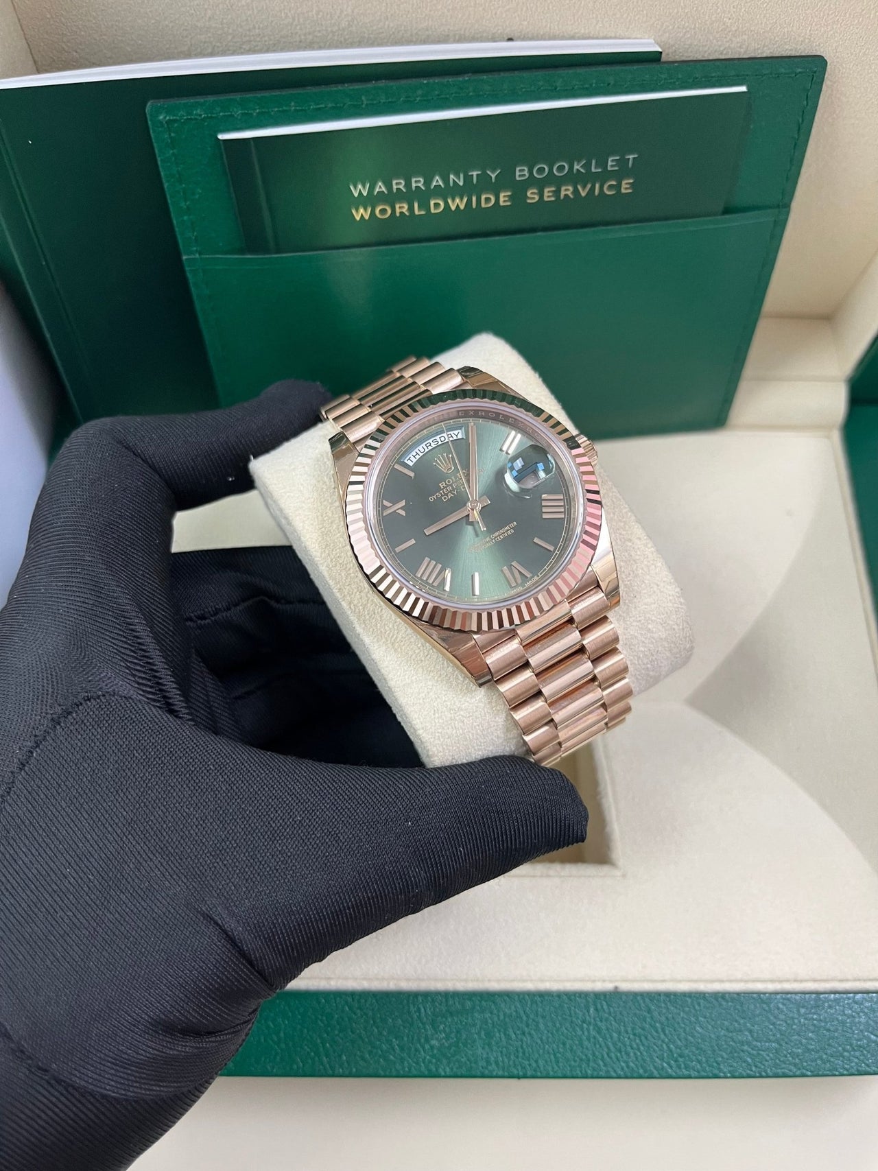 Rolex Day - Date 40 Rose Gold Green Roman Dial - Fluted Bezel (Ref#228235) - WatchesOff5thWatch