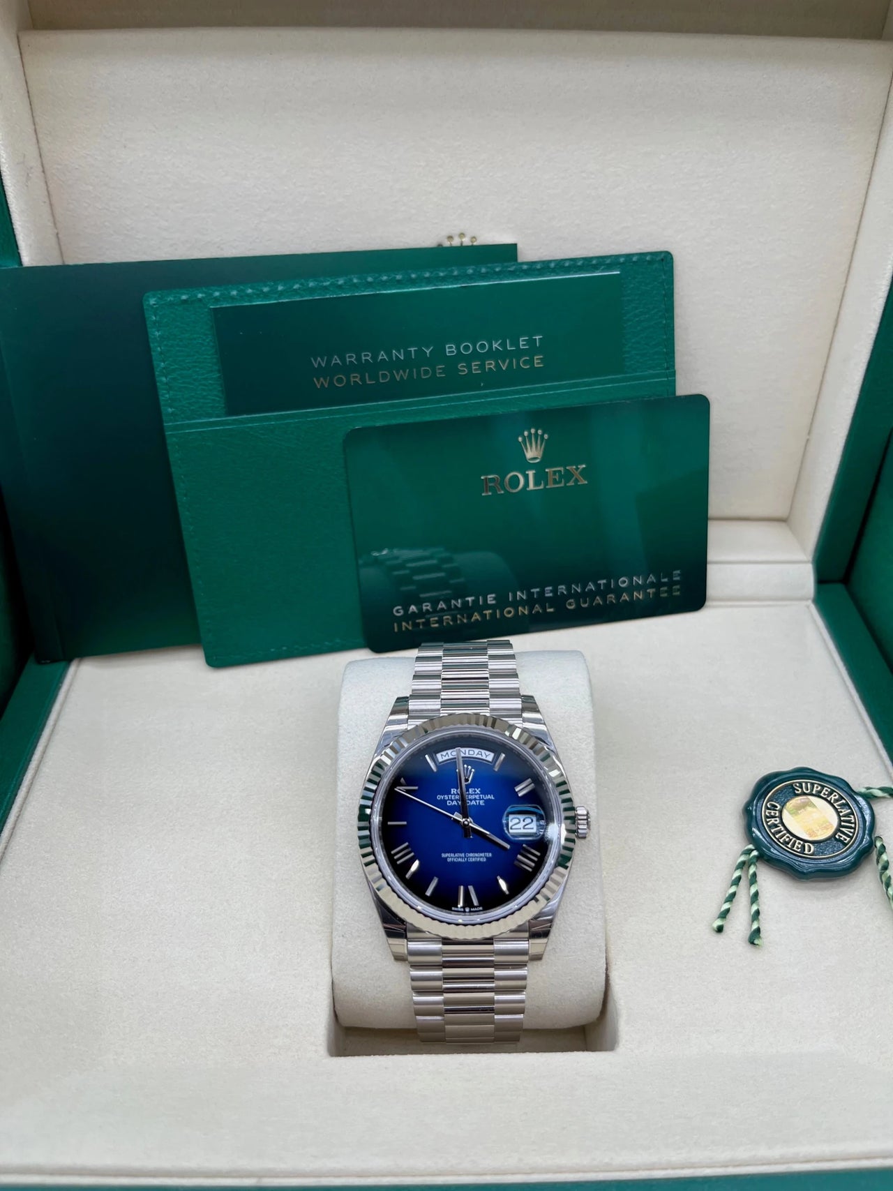 Rolex Day - Date 40 White Gold Blue Ombré Dial 228239 - WatchesOff5thWatch