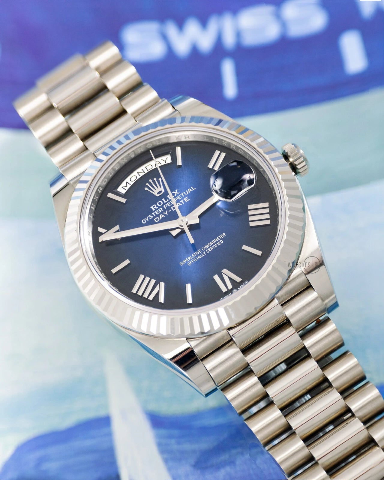 Rolex Day - Date 40 White Gold Blue Ombré Dial 228239 - WatchesOff5thWatch