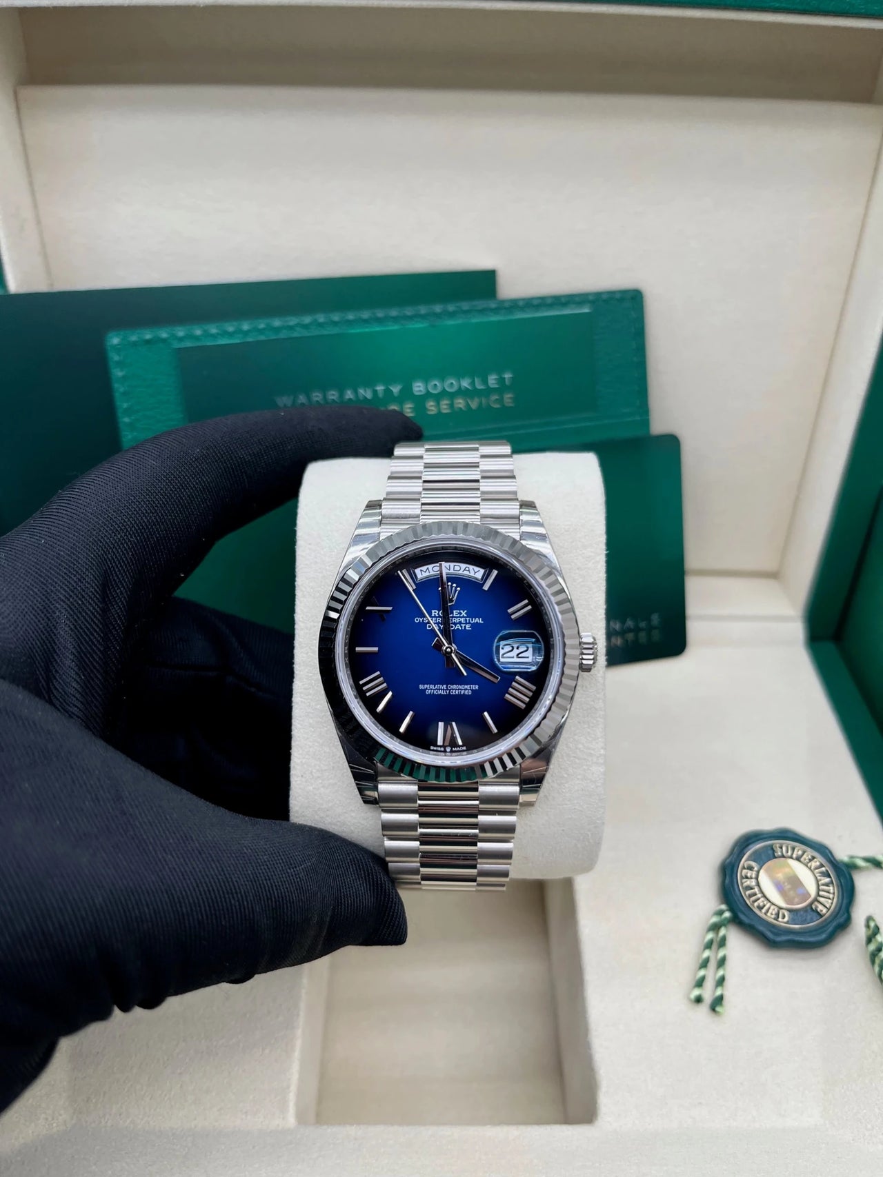 Rolex Day - Date 40 White Gold Blue Ombré Dial 228239 - WatchesOff5thWatch