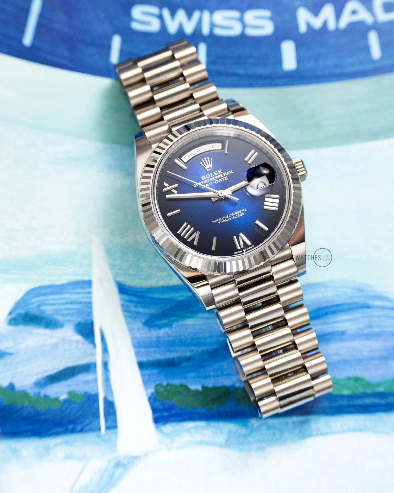 228239 Rolex Day-Date 40 Blue Ombré Dial in White Gold 228239 – WatchesOff5th
