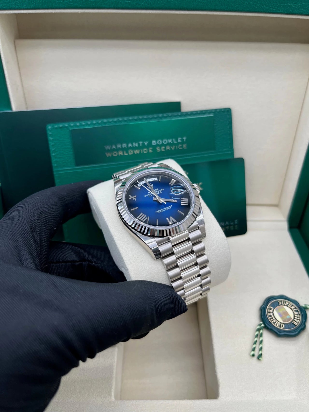 Rolex Day - Date 40 White Gold Blue Ombré Dial 228239 - WatchesOff5thWatch