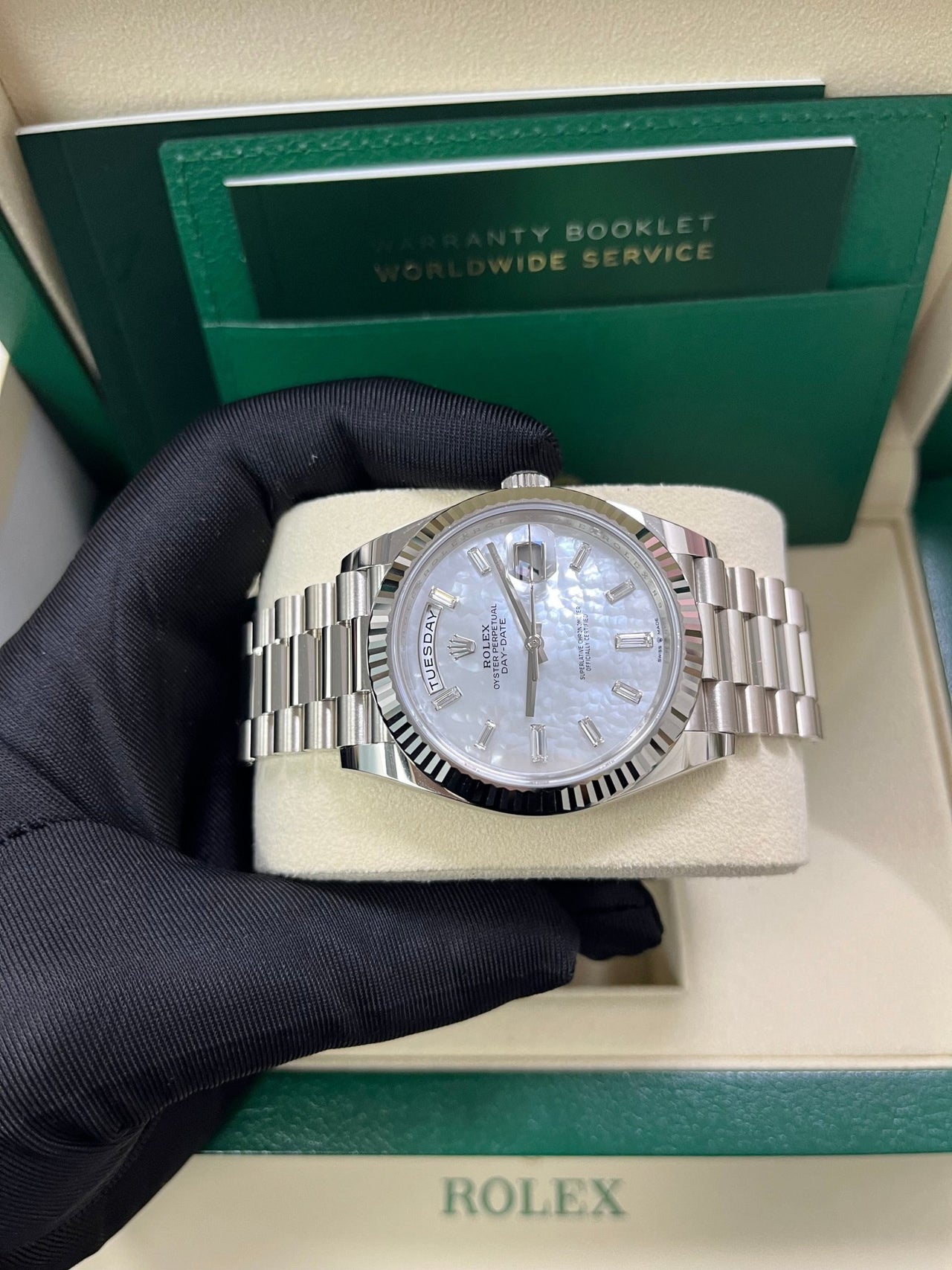 Rolex Day - Date 40 White Gold Mother of Pearl Diamond Dial 228239 - WatchesOff5th