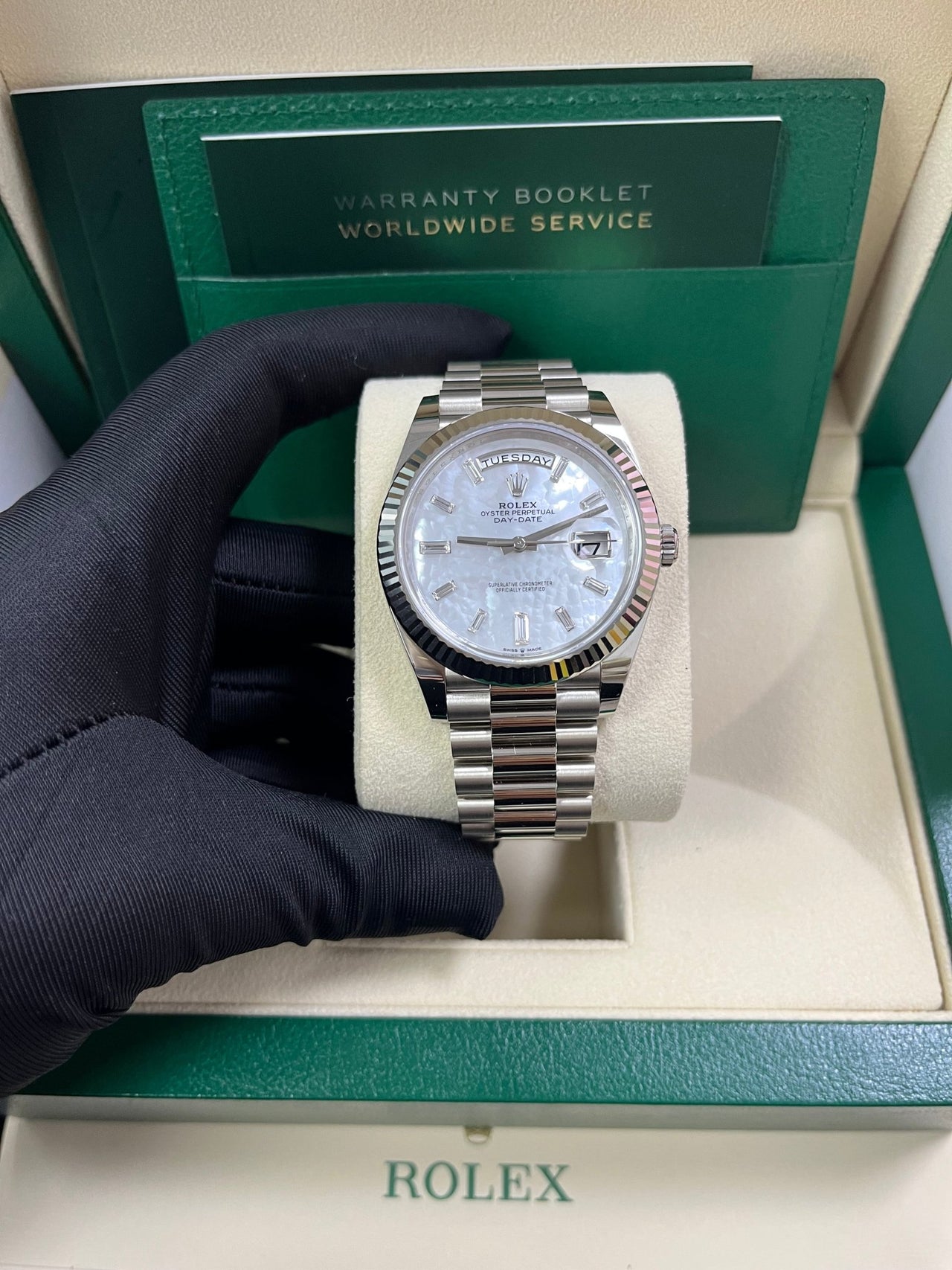 Rolex Day - Date 40 White Gold Mother of Pearl Diamond Dial 228239 - WatchesOff5th