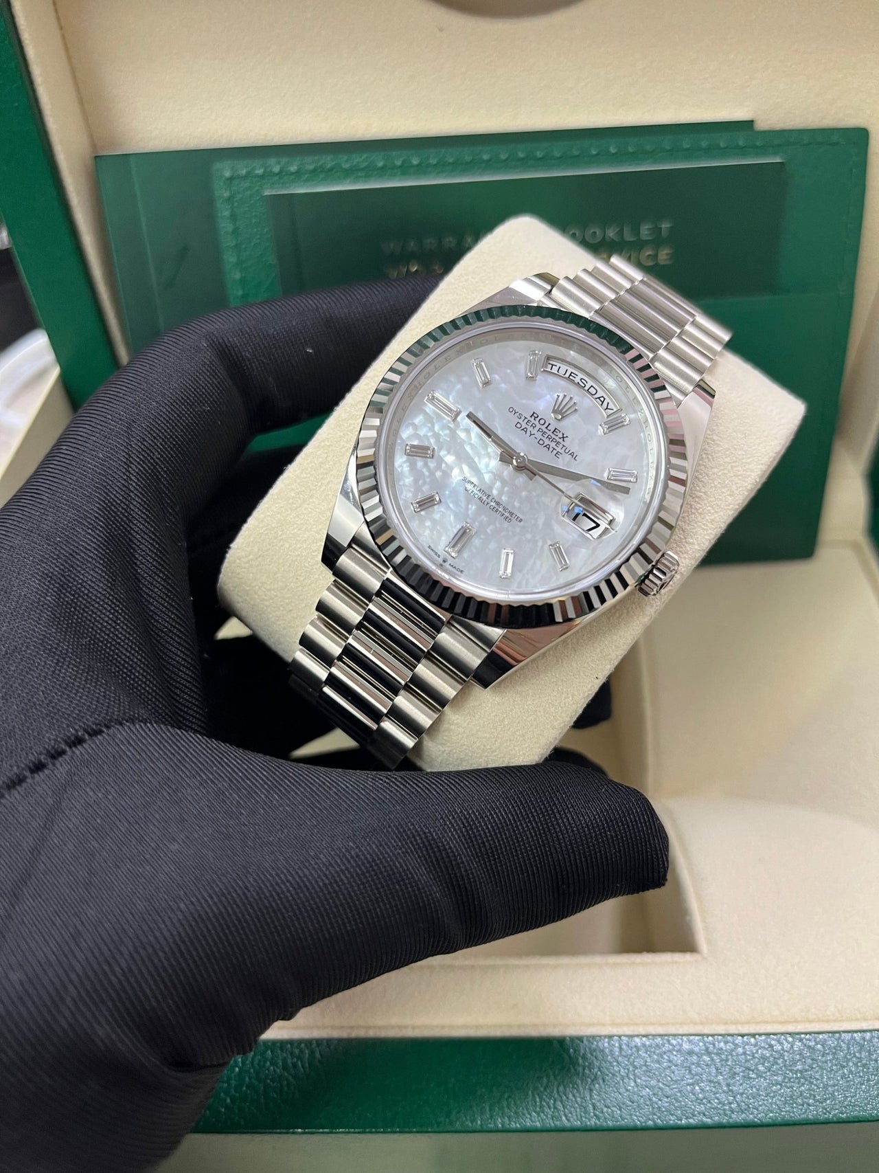 Rolex Day - Date 40 White Gold Mother of Pearl Diamond Dial 228239 - WatchesOff5th