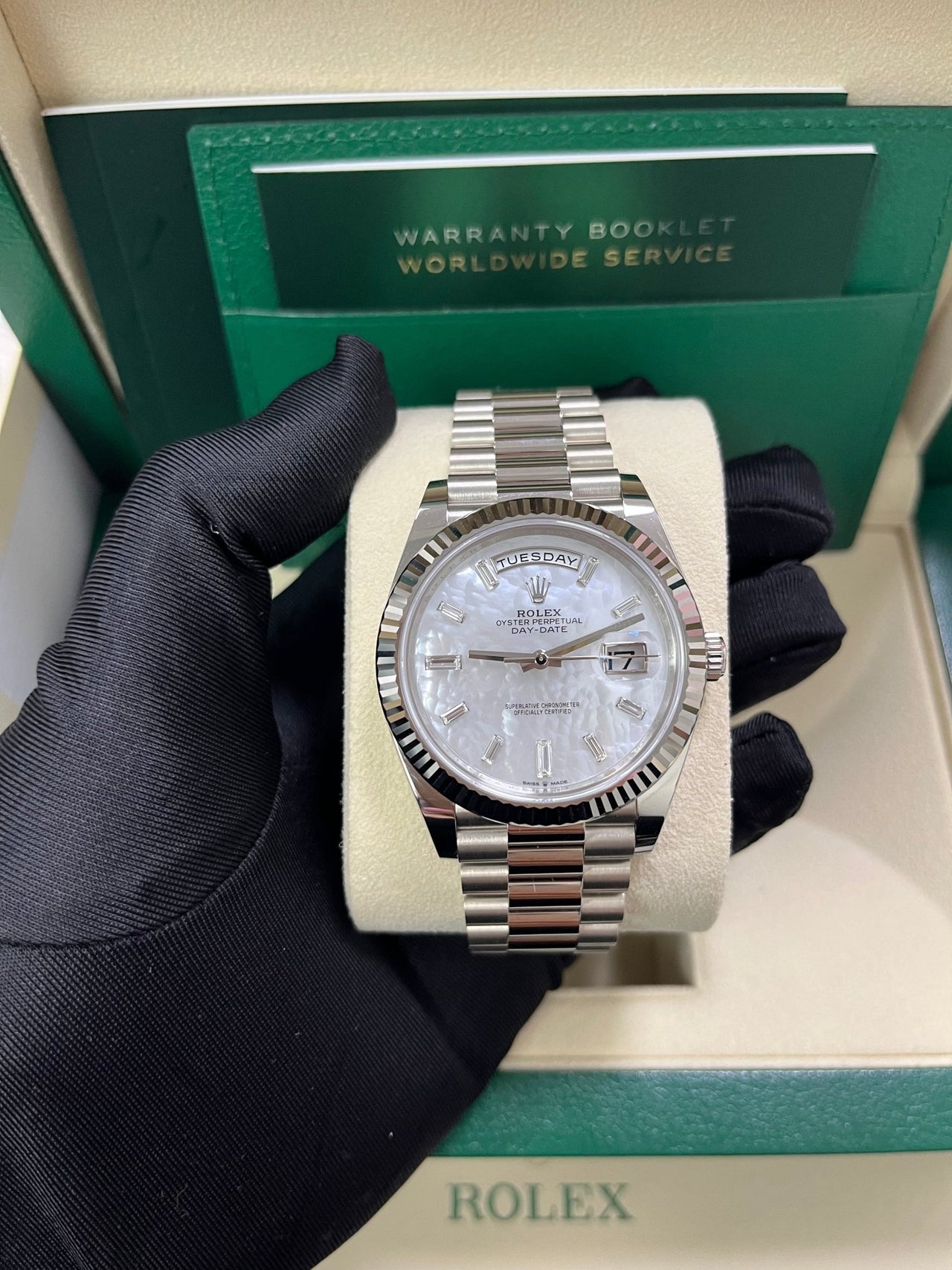 Rolex Day - Date 40 White Gold Mother of Pearl Diamond Dial 228239 - WatchesOff5th