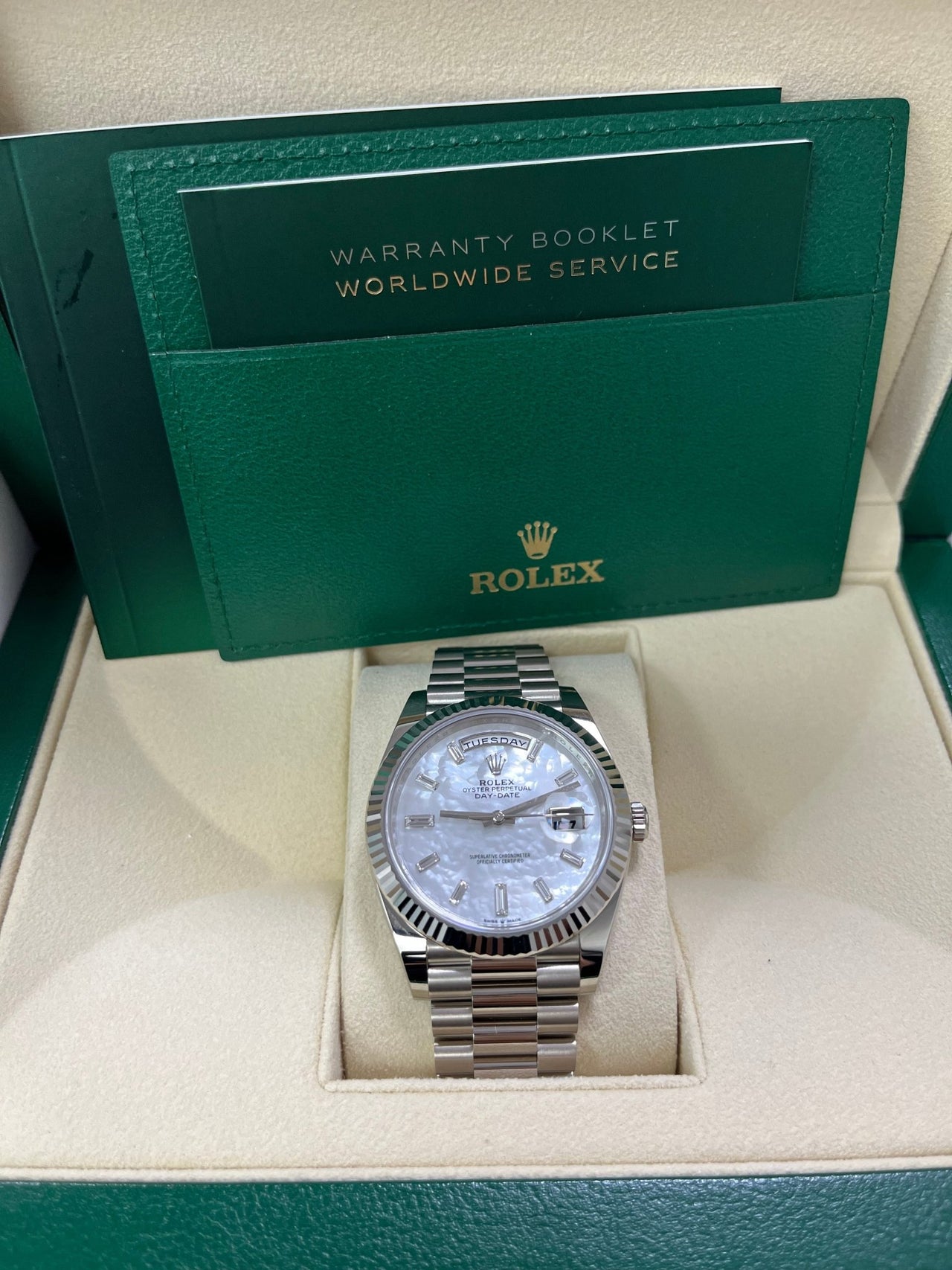 Rolex Day - Date 40 White Gold Mother of Pearl Diamond Dial 228239 - WatchesOff5th