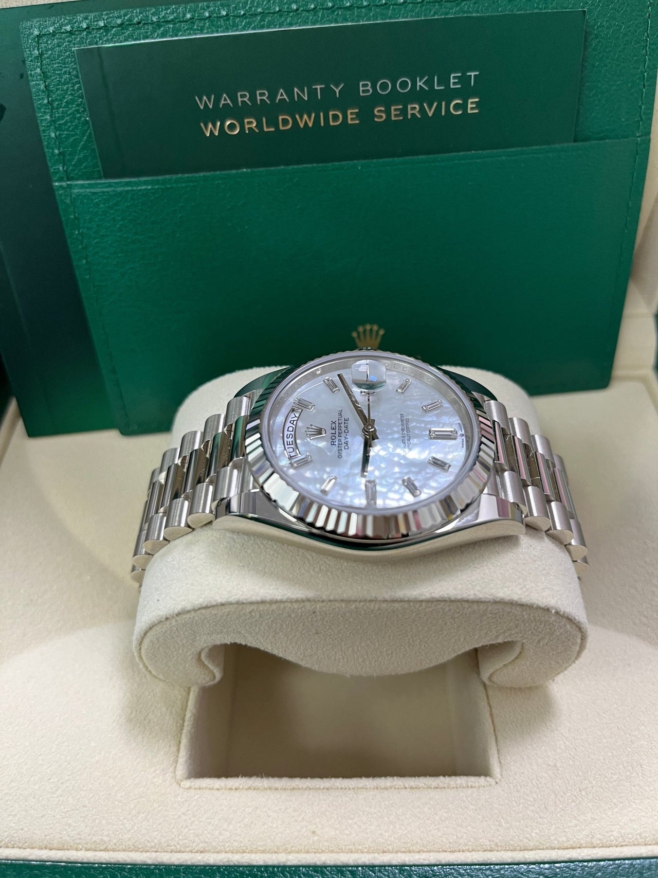 Rolex Day - Date 40 White Gold Mother of Pearl Diamond Dial 228239 - WatchesOff5th