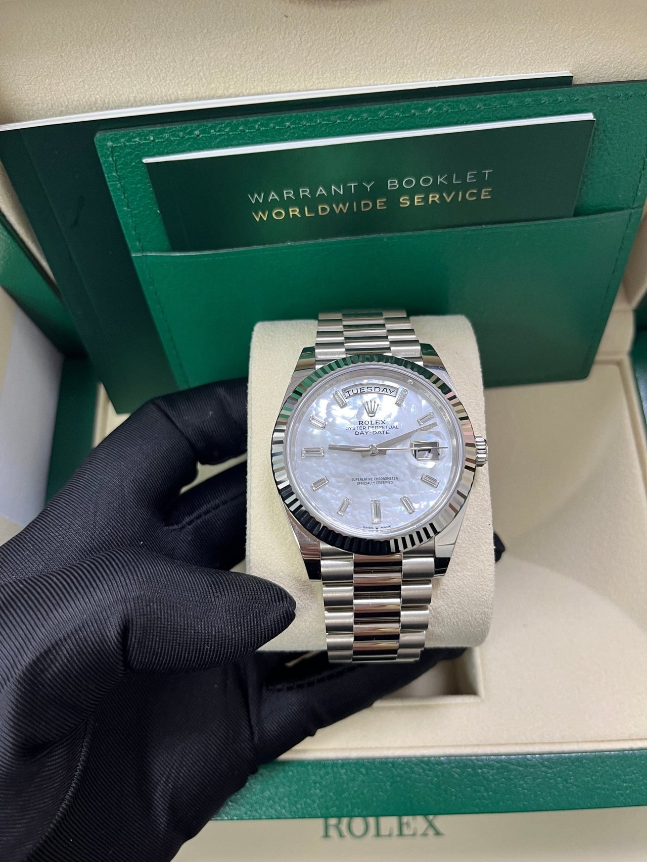 Rolex Day - Date 40 White Gold Mother of Pearl Diamond Dial 228239 - WatchesOff5th