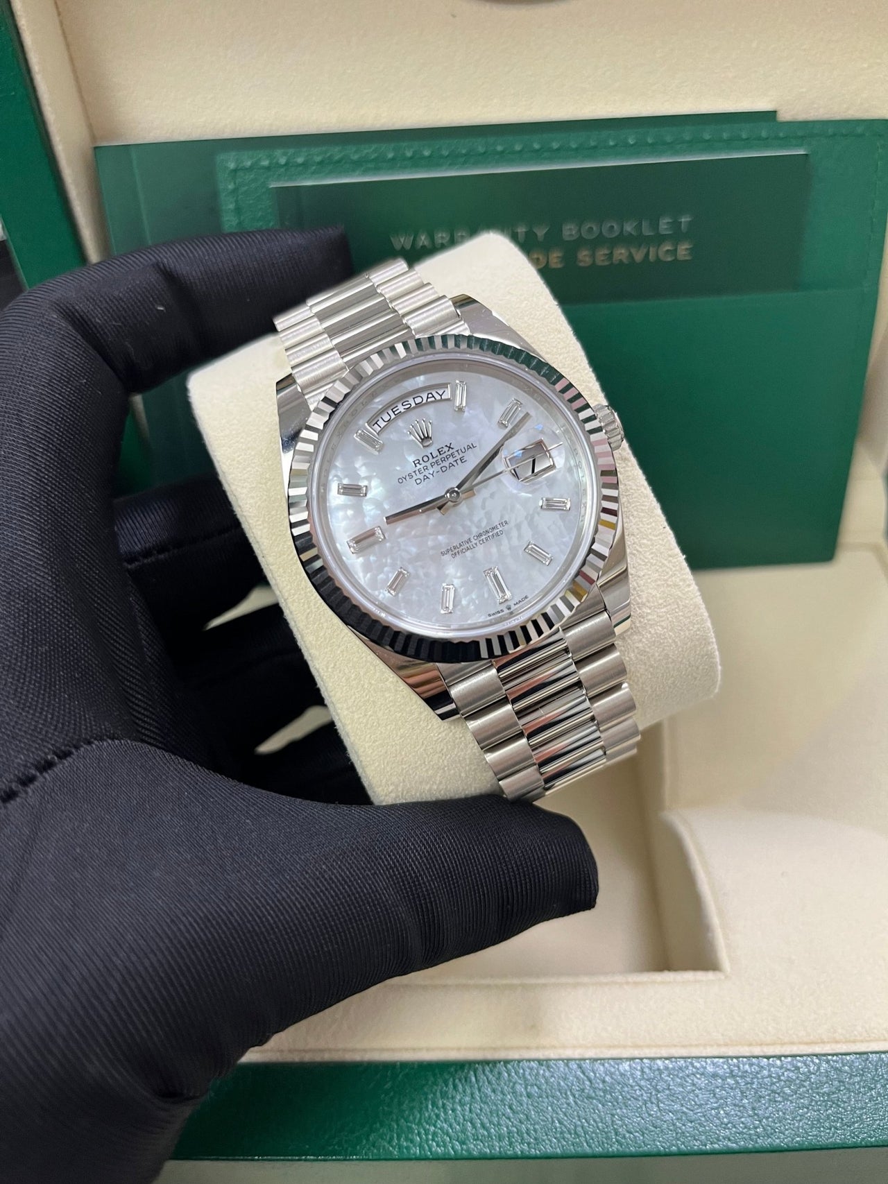 Rolex Day - Date 40 White Gold Mother of Pearl Diamond Dial 228239 - WatchesOff5th