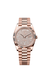 Thumbnail for Rolex Day-Date 40mm 18K Everose Gold Diamond Paved Baguette Diamond Dial Fluted Bezel President Bracelet (Ref# 228235) - WatchesOff5thWatch