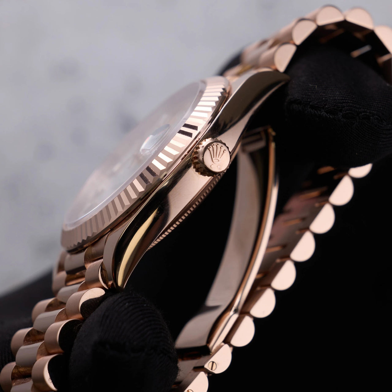 Rolex Day-Date 40mm 18K Everose Gold White Mother of Pearl Baguette Diamond Dial Fluted Bezel President Bracelet (Ref 228235) - WatchesOff5thWatch