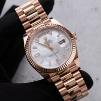 Thumbnail for Rolex Day-Date 40mm 18K Everose Gold White Mother of Pearl Baguette Diamond Dial Fluted Bezel President Bracelet (Ref 228235) - WatchesOff5thWatch