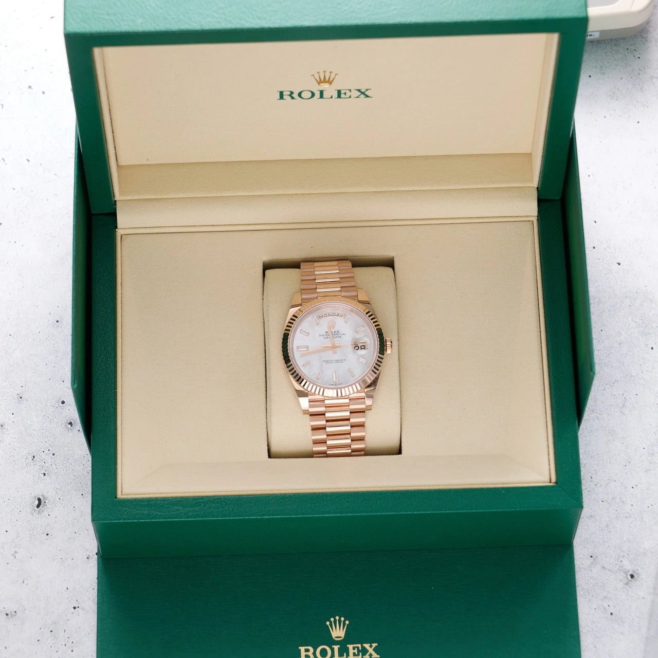 Rolex Day-Date 40mm 18K Everose Gold White Mother of Pearl Baguette Diamond Dial Fluted Bezel President Bracelet (Ref 228235) - WatchesOff5thWatch