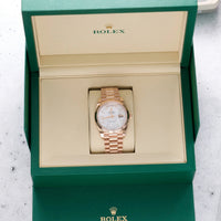 Thumbnail for Rolex Day-Date 40mm 18K Everose Gold White Mother of Pearl Baguette Diamond Dial Fluted Bezel President Bracelet (Ref 228235) - WatchesOff5thWatch