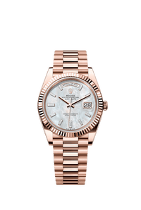 Thumbnail for Rolex Day-Date 40mm 18K Everose Gold White Mother of Pearl Baguette Diamond Dial Fluted Bezel President Bracelet (Ref 228235) - WatchesOff5thWatch