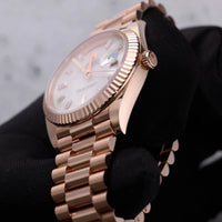 Thumbnail for Rolex Day-Date 40mm 18K Everose Gold White Mother of Pearl Baguette Diamond Dial Fluted Bezel President Bracelet (Ref 228235) - WatchesOff5thWatch