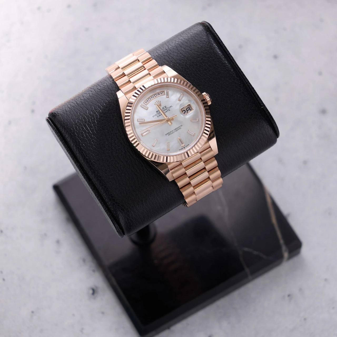 Rolex Day-Date 40mm 18K Everose Gold White Mother of Pearl Baguette Diamond Dial Fluted Bezel President Bracelet (Ref 228235) - WatchesOff5thWatch