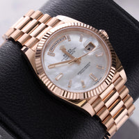 Thumbnail for Rolex Day-Date 40mm 18K Everose Gold White Mother of Pearl Baguette Diamond Dial Fluted Bezel President Bracelet (Ref 228235) - WatchesOff5thWatch
