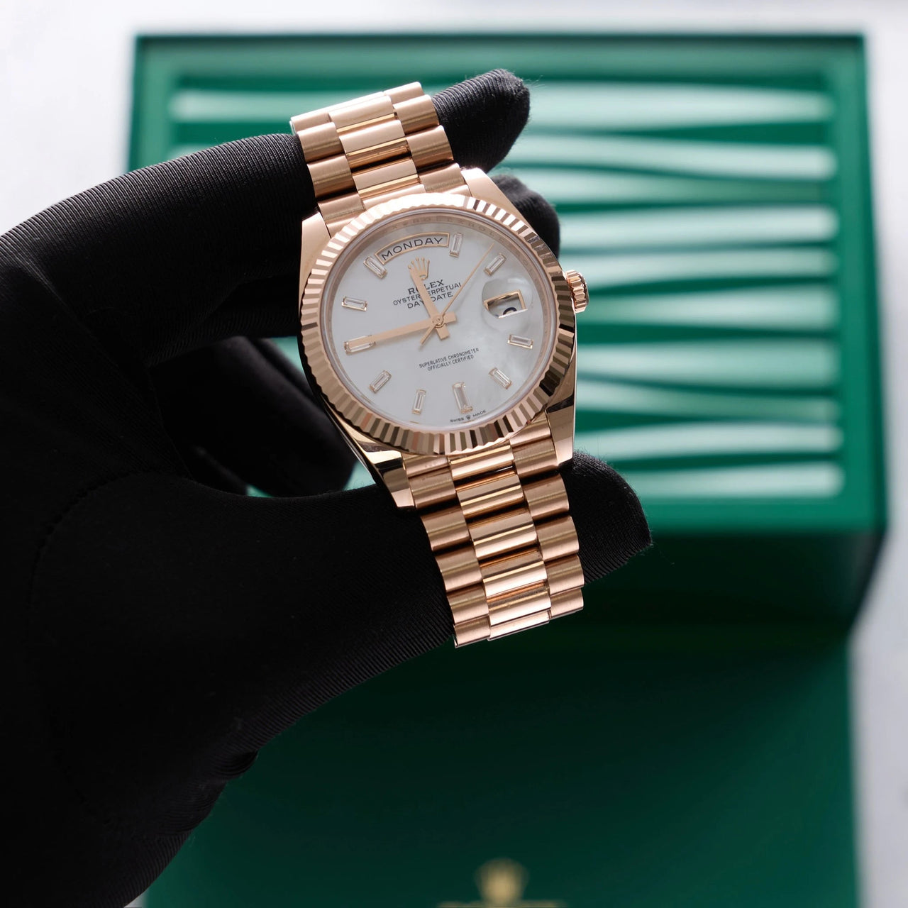 Rolex Day-Date 40mm 18K Everose Gold White Mother of Pearl Baguette Diamond Dial Fluted Bezel President Bracelet (Ref 228235) - WatchesOff5thWatch
