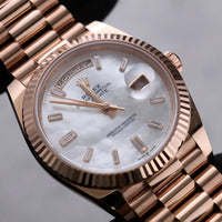 Thumbnail for Rolex Day-Date 40mm 18K Everose Gold White Mother of Pearl Baguette Diamond Dial Fluted Bezel President Bracelet (Ref 228235) - WatchesOff5thWatch