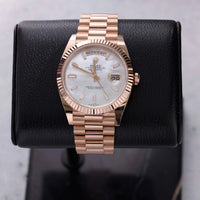 Thumbnail for Rolex Day-Date 40mm 18K Everose Gold White Mother of Pearl Baguette Diamond Dial Fluted Bezel President Bracelet (Ref 228235) - WatchesOff5thWatch